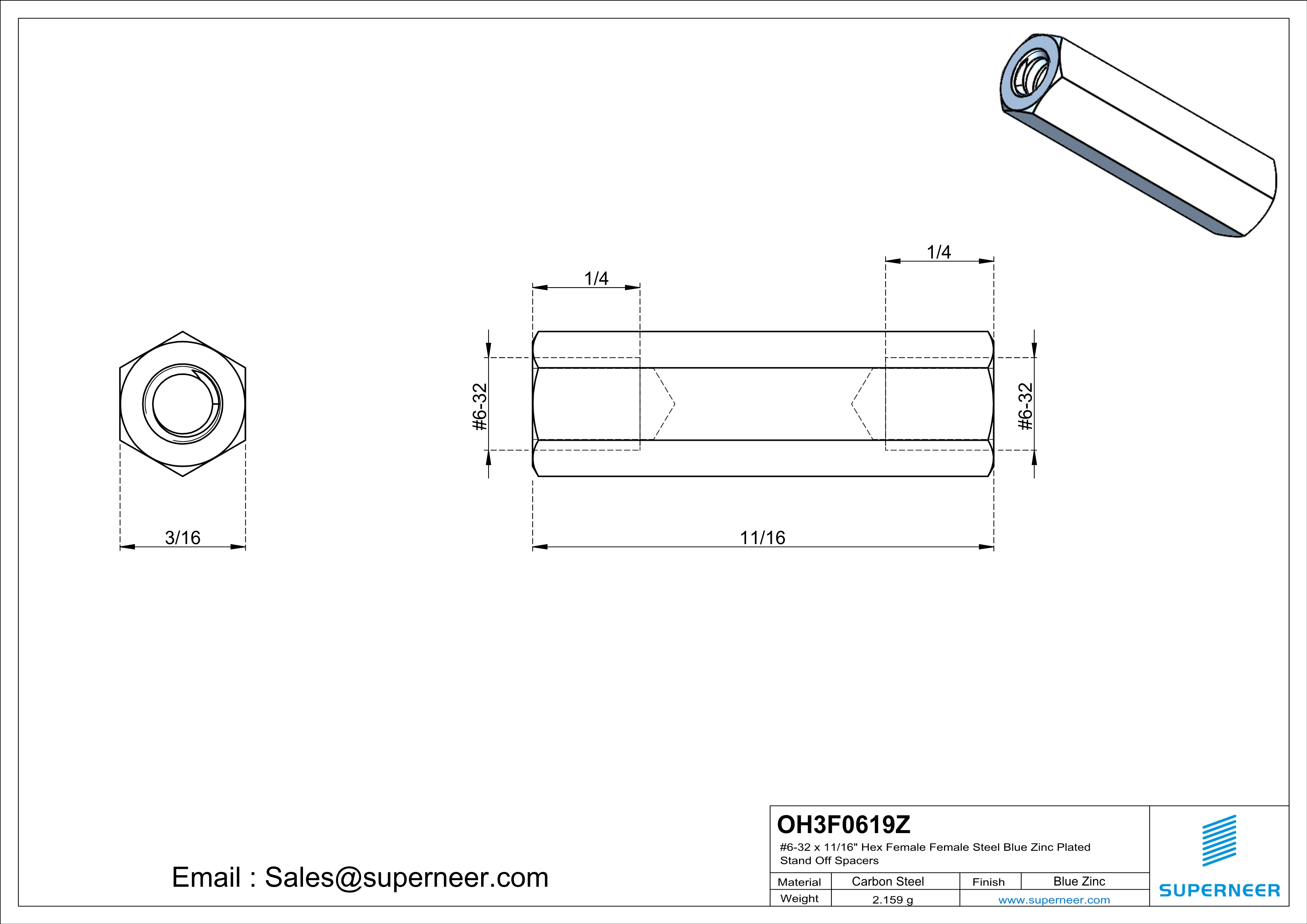 6-32 x 11/16" Hex Female Female Steel Blue Zinc Plated Stand Off Spacers 