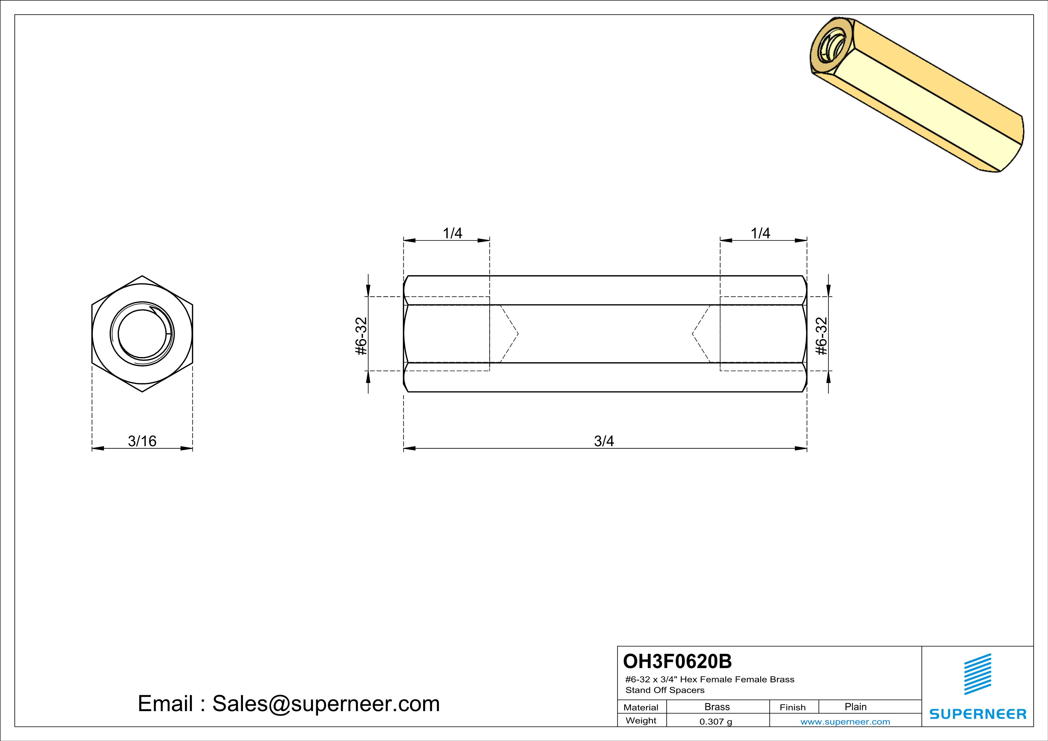 6-32 x 3/4" Hex Female Female Brass Stand Off Spacers 