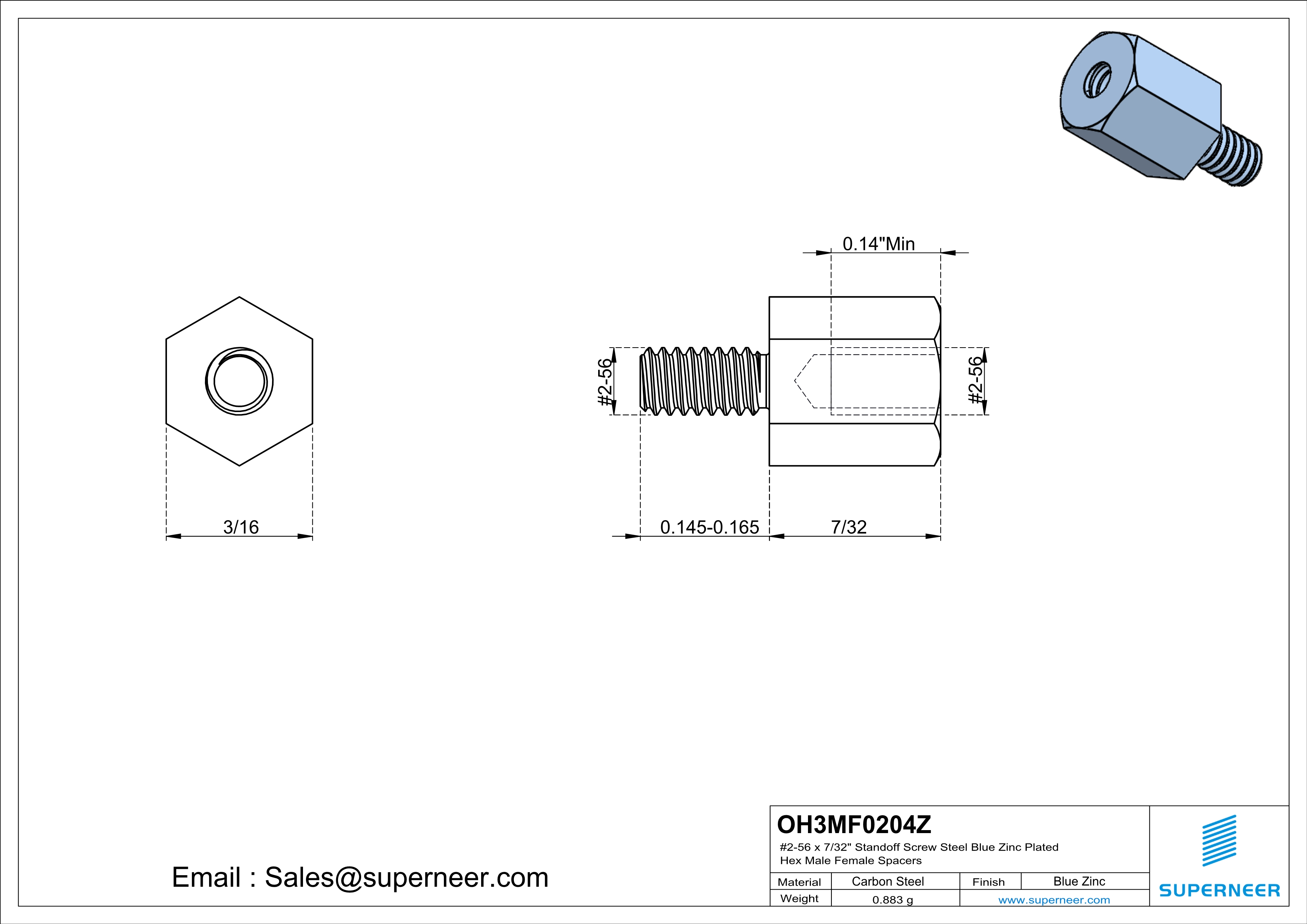 2-56 x 7/32" Standoff Screw Steel Blue Zinc Plated Hex Male Female Spacers 