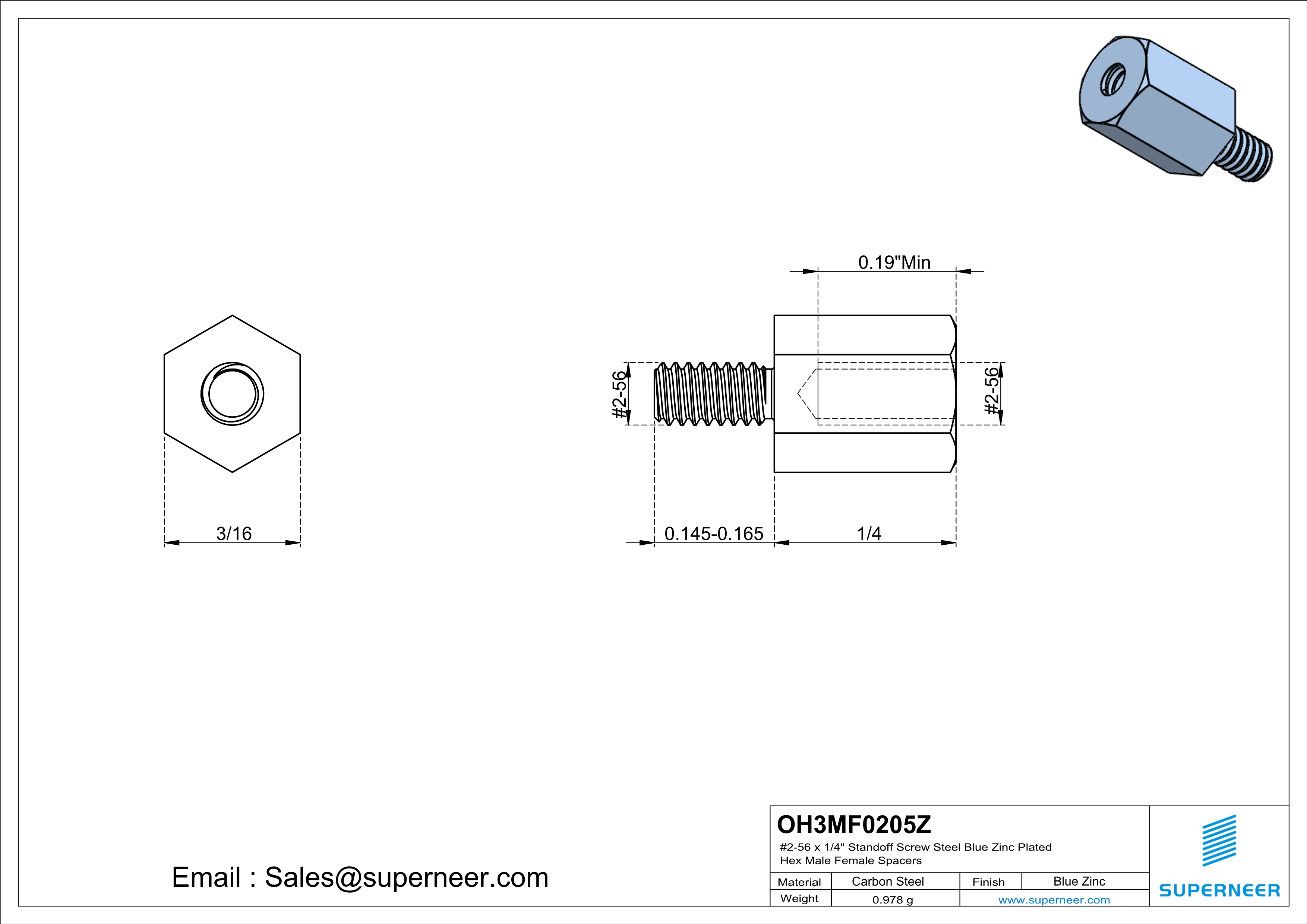 2-56 x 1/4" Standoff Screw Steel Blue Zinc Plated Hex Male Female Spacers 