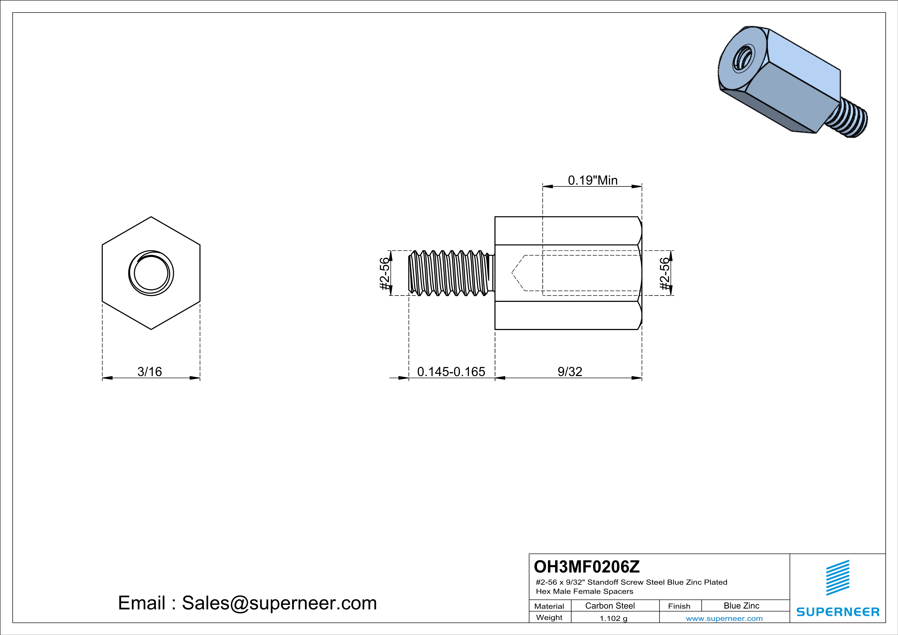 2-56 x 9/32" Standoff Screw Steel Blue Zinc Plated Hex Male Female Spacers 