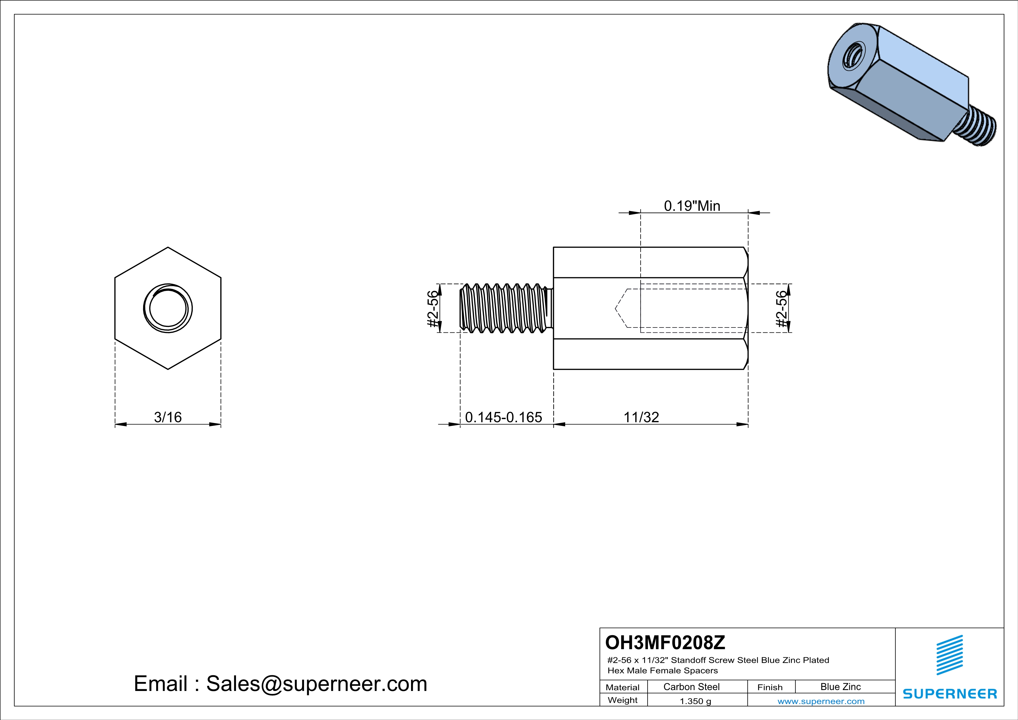 2-56 x 11/32" Standoff Screw Steel Blue Zinc Plated Hex Male Female Spacers 