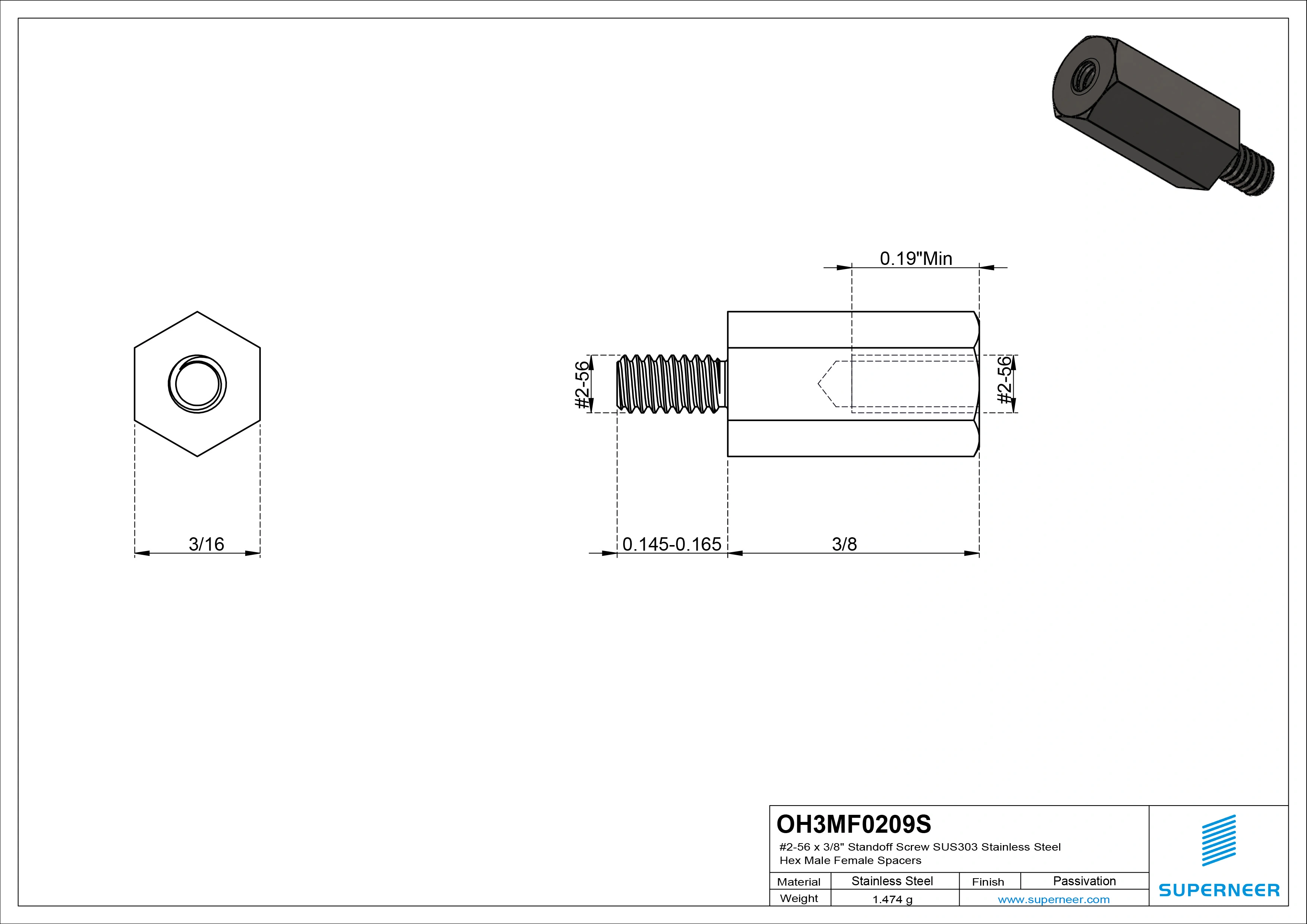 2-56 x 3/8" Standoff Screw SUS303 Stainless Steel Inox Hex Male Female Spacers 