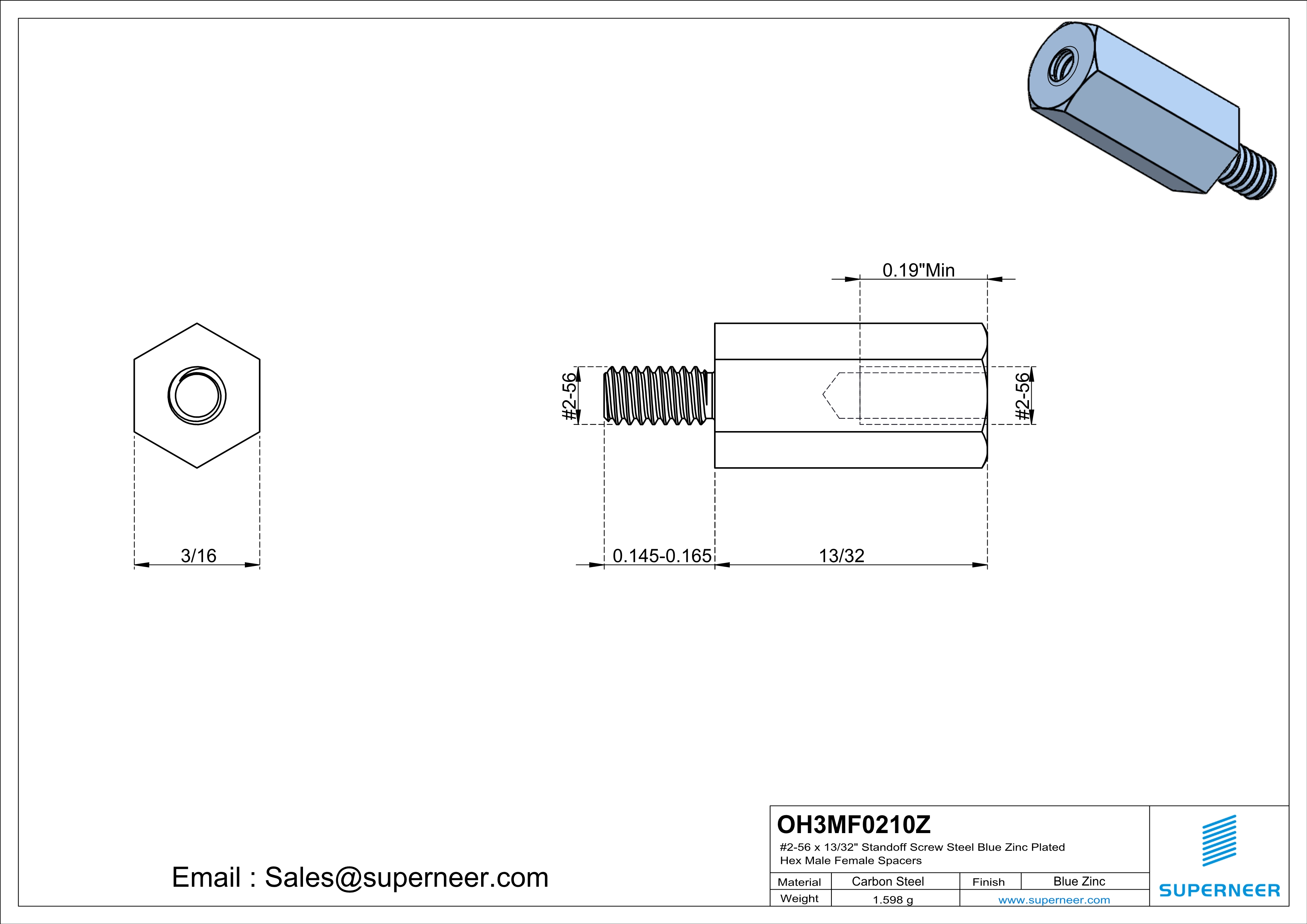 2-56 x 13/32" Standoff Screw Steel Blue Zinc Plated Hex Male Female Spacers 