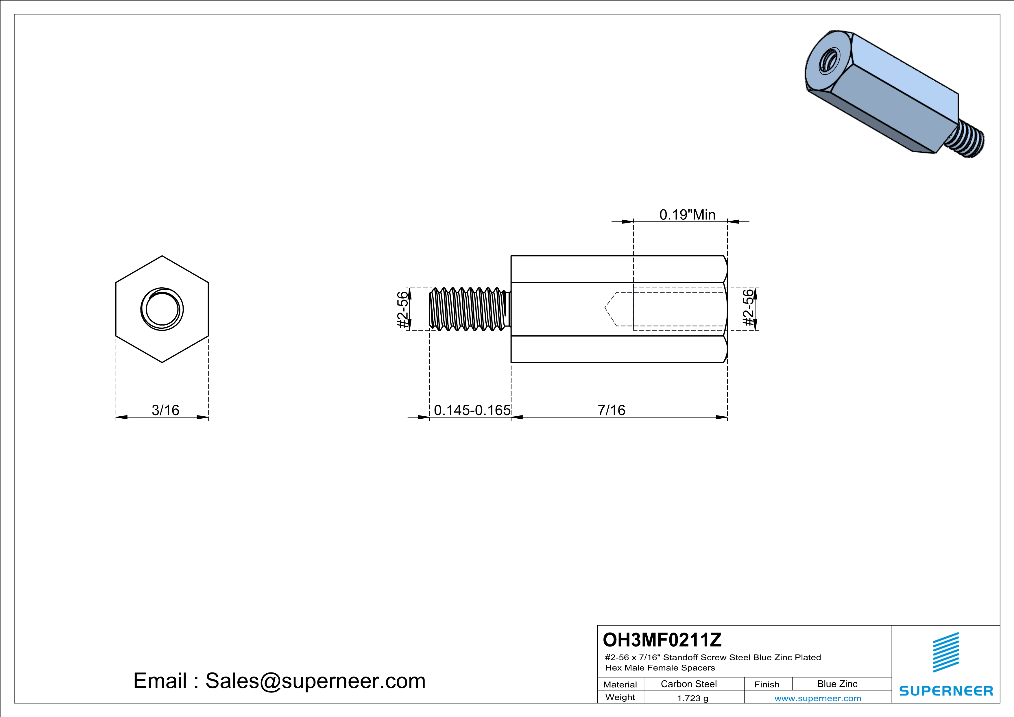 2-56 x 7/16" Standoff Screw Steel Blue Zinc Plated Hex Male Female Spacers 