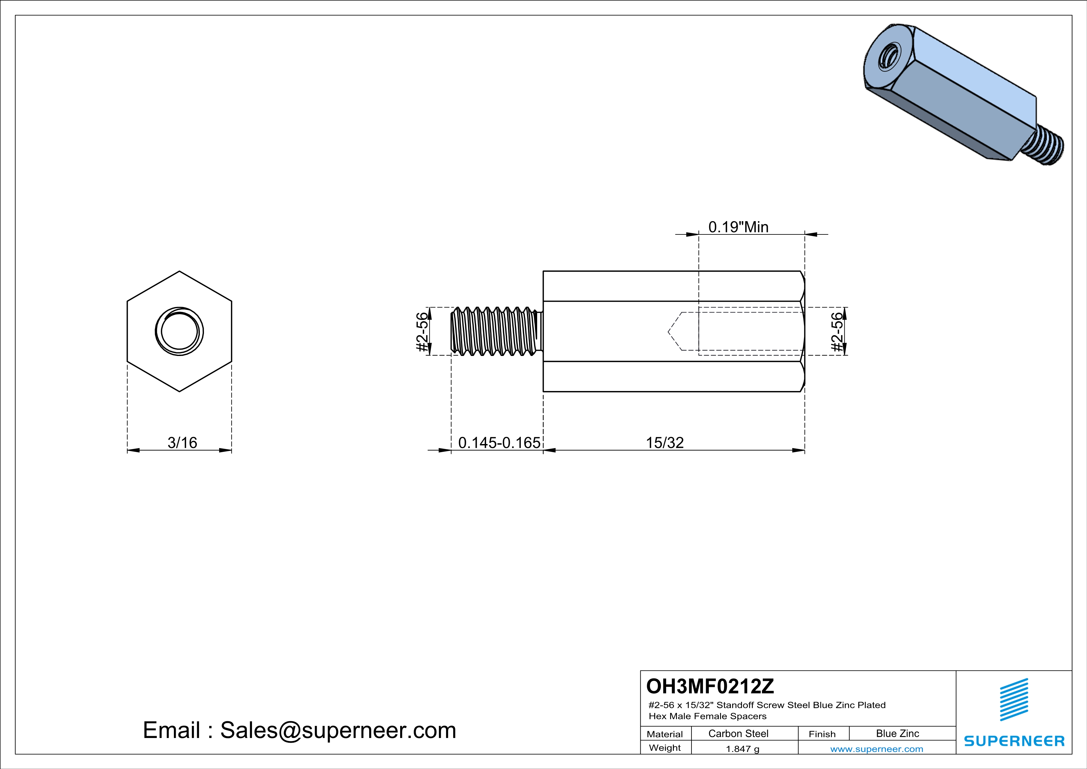 2-56 x 15/32" Standoff Screw Steel Blue Zinc Plated Hex Male Female Spacers 