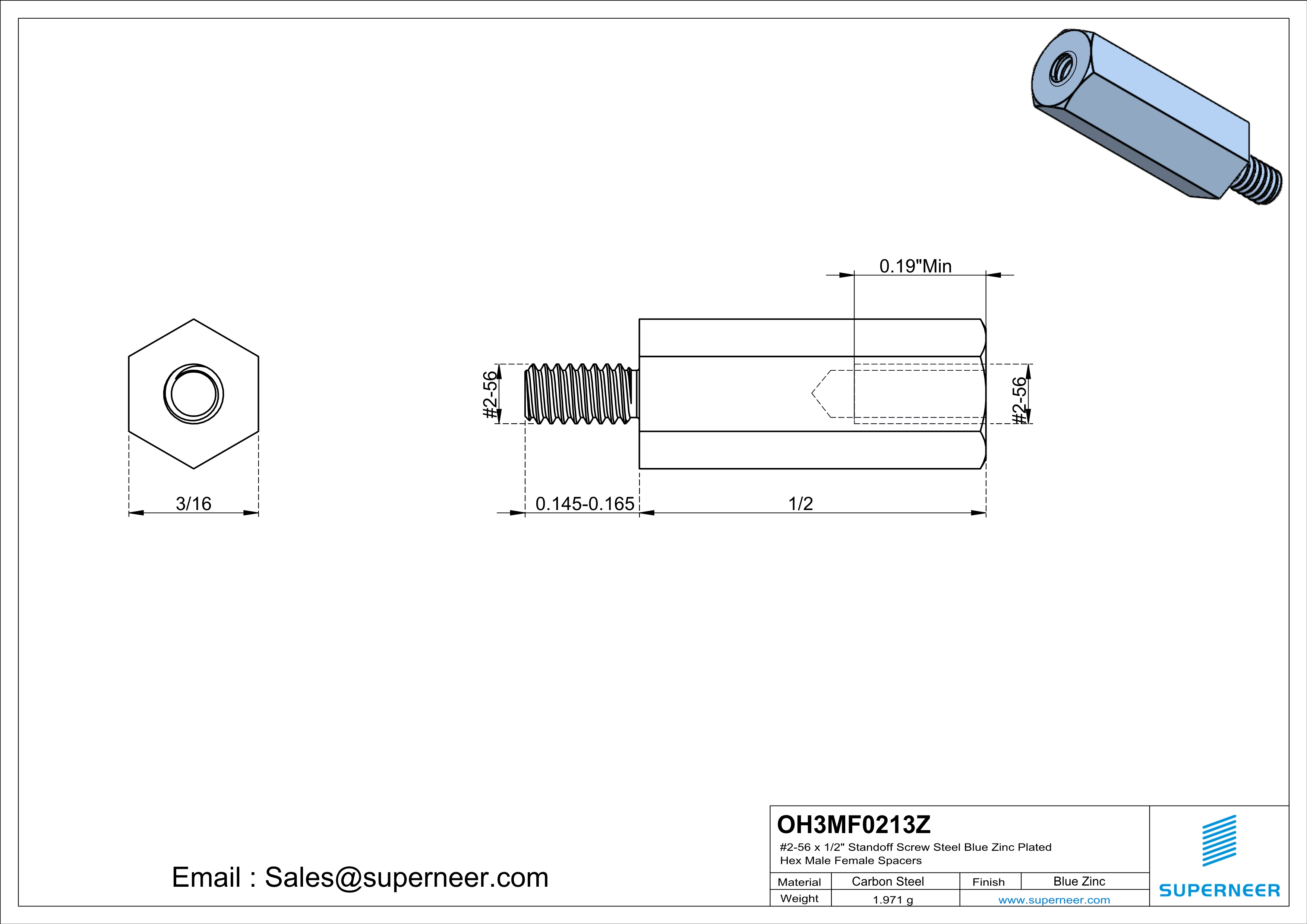 2-56 x 1/2" Standoff Screw Steel Blue Zinc Plated Hex Male Female Spacers 