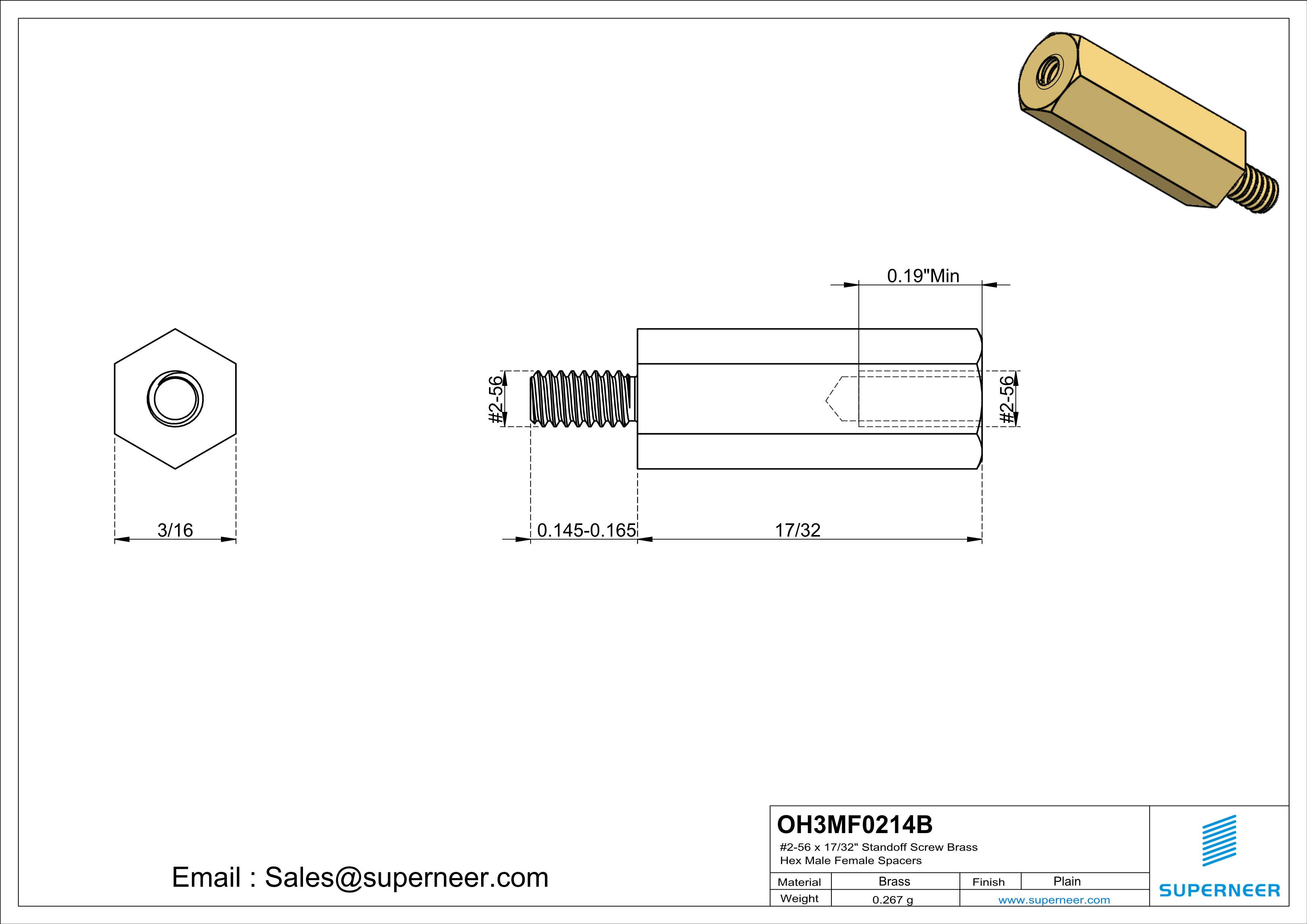 2-56 x 17/32" Standoff Screw Brass Hex Male Female Spacers 