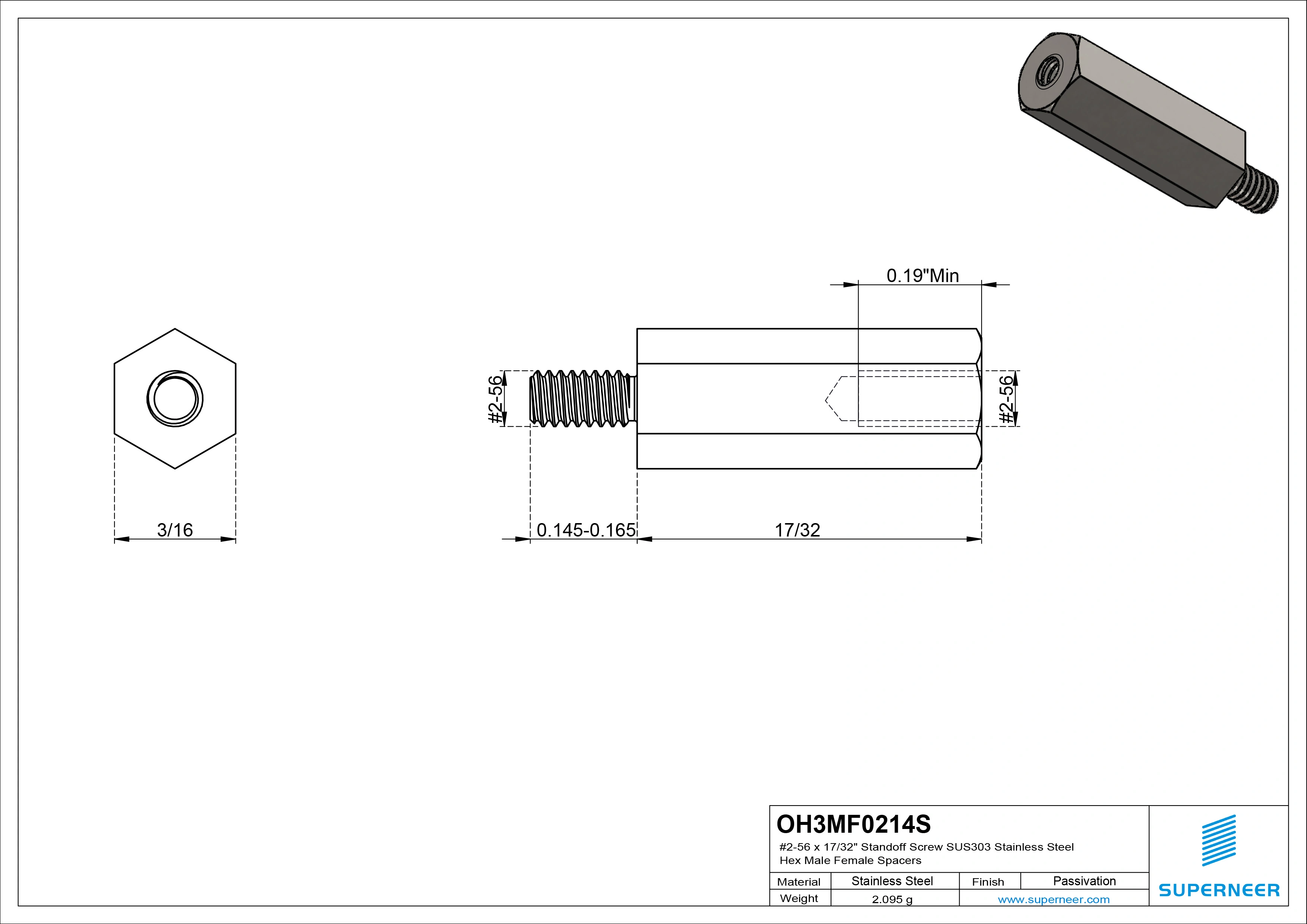 2-56 x 17/32" Standoff Screw SUS303 Stainless Steel Inox Hex Male Female Spacers 