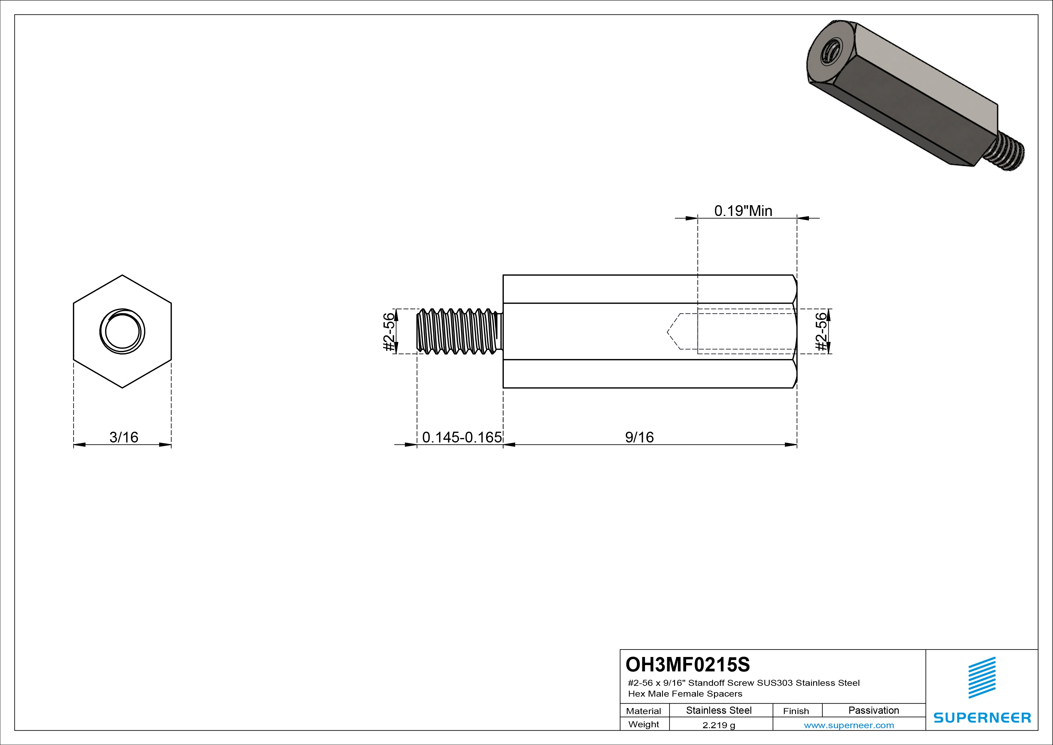 2-56 x 9/16" Standoff Screw SUS303 Stainless Steel Inox Hex Male Female Spacers 