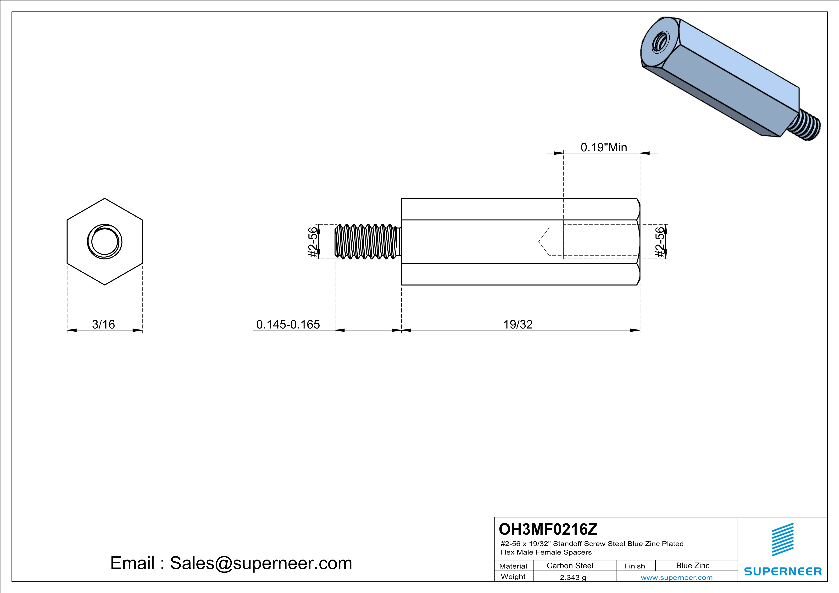 2-56 x 19/32" Standoff Screw Steel Blue Zinc Plated Hex Male Female Spacers 