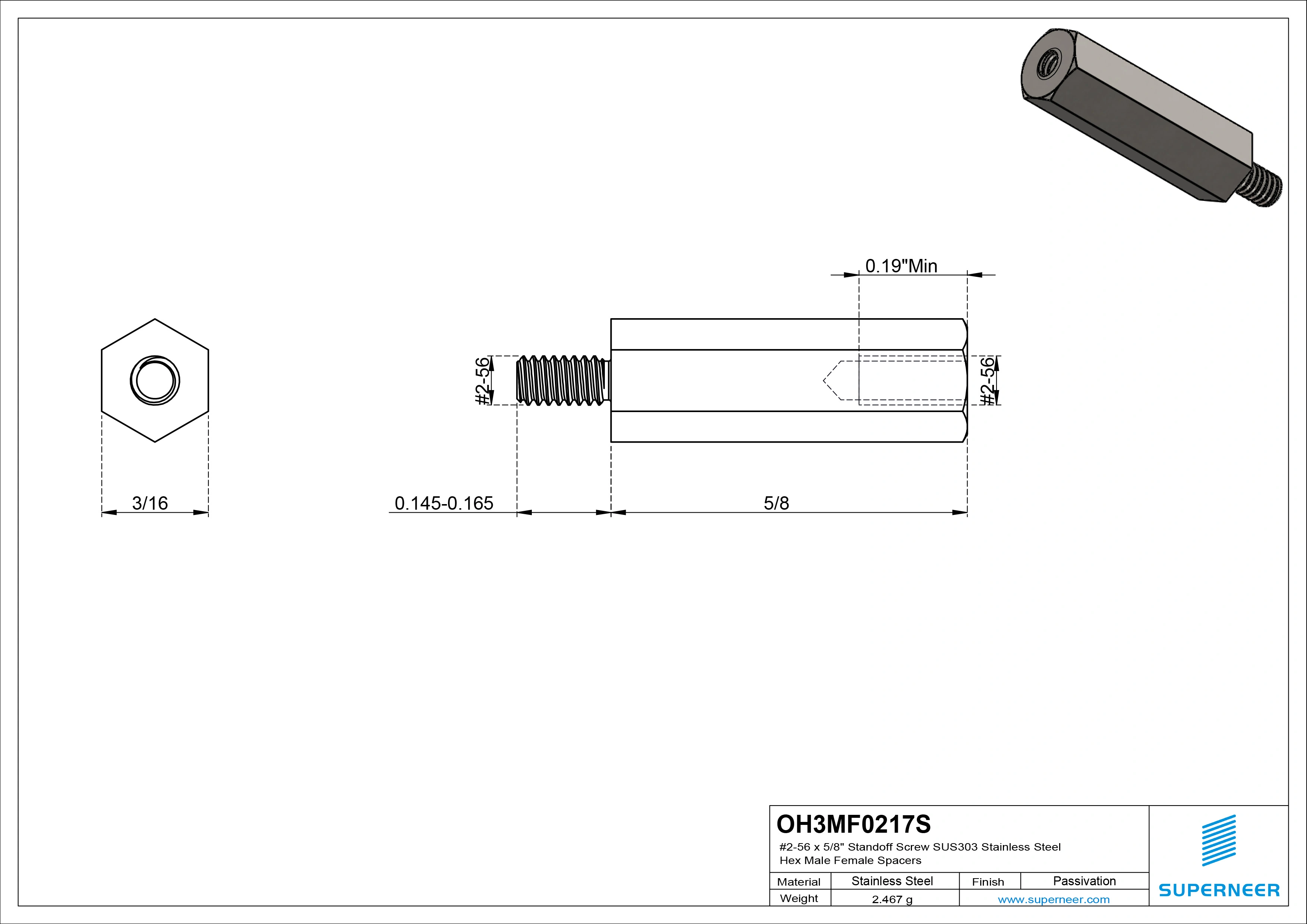 2-56 x 5/8" Standoff Screw SUS303 Stainless Steel Inox Hex Male Female Spacers 