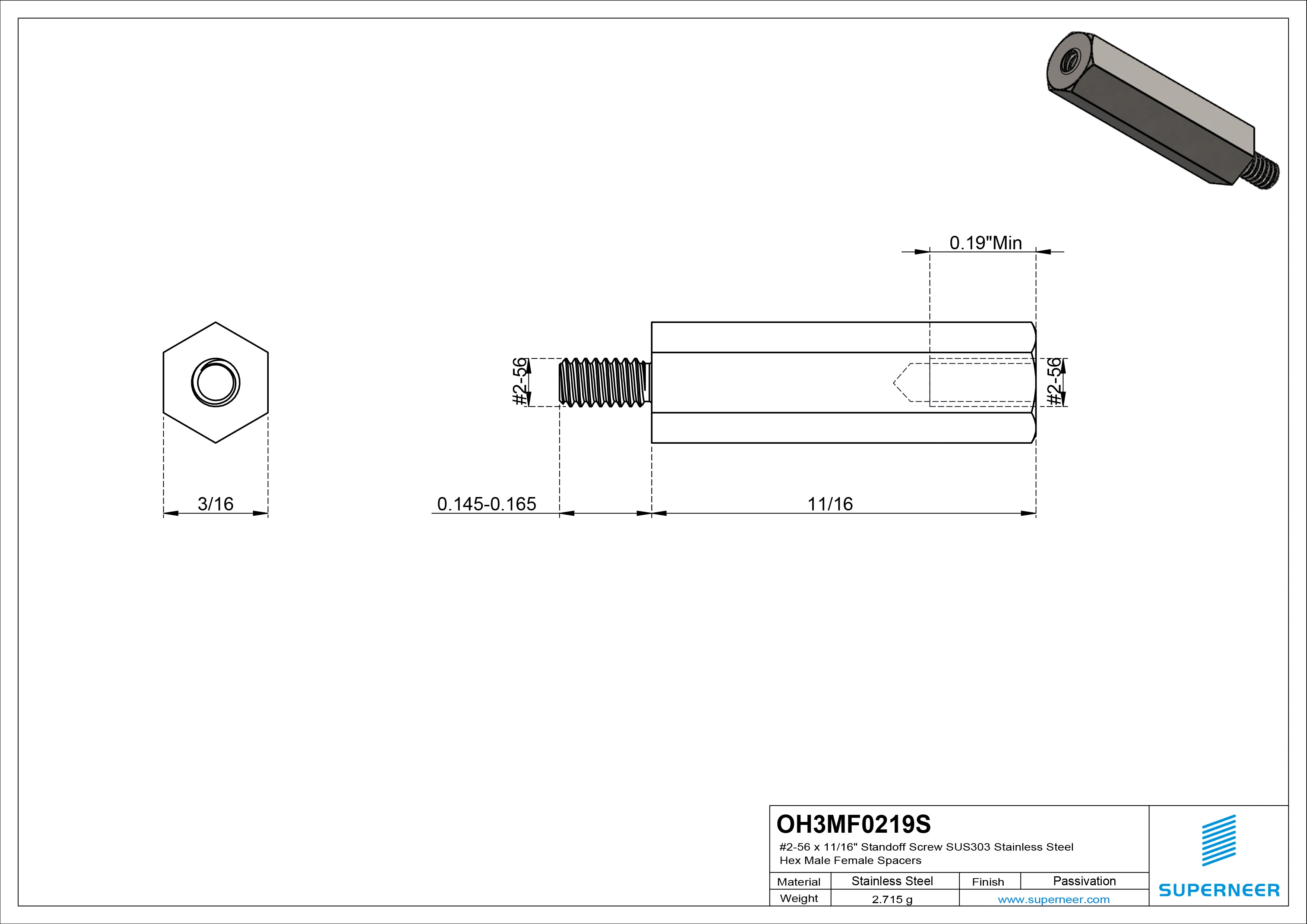 2-56 x 11/16" Standoff Screw SUS303 Stainless Steel Inox Hex Male Female Spacers 