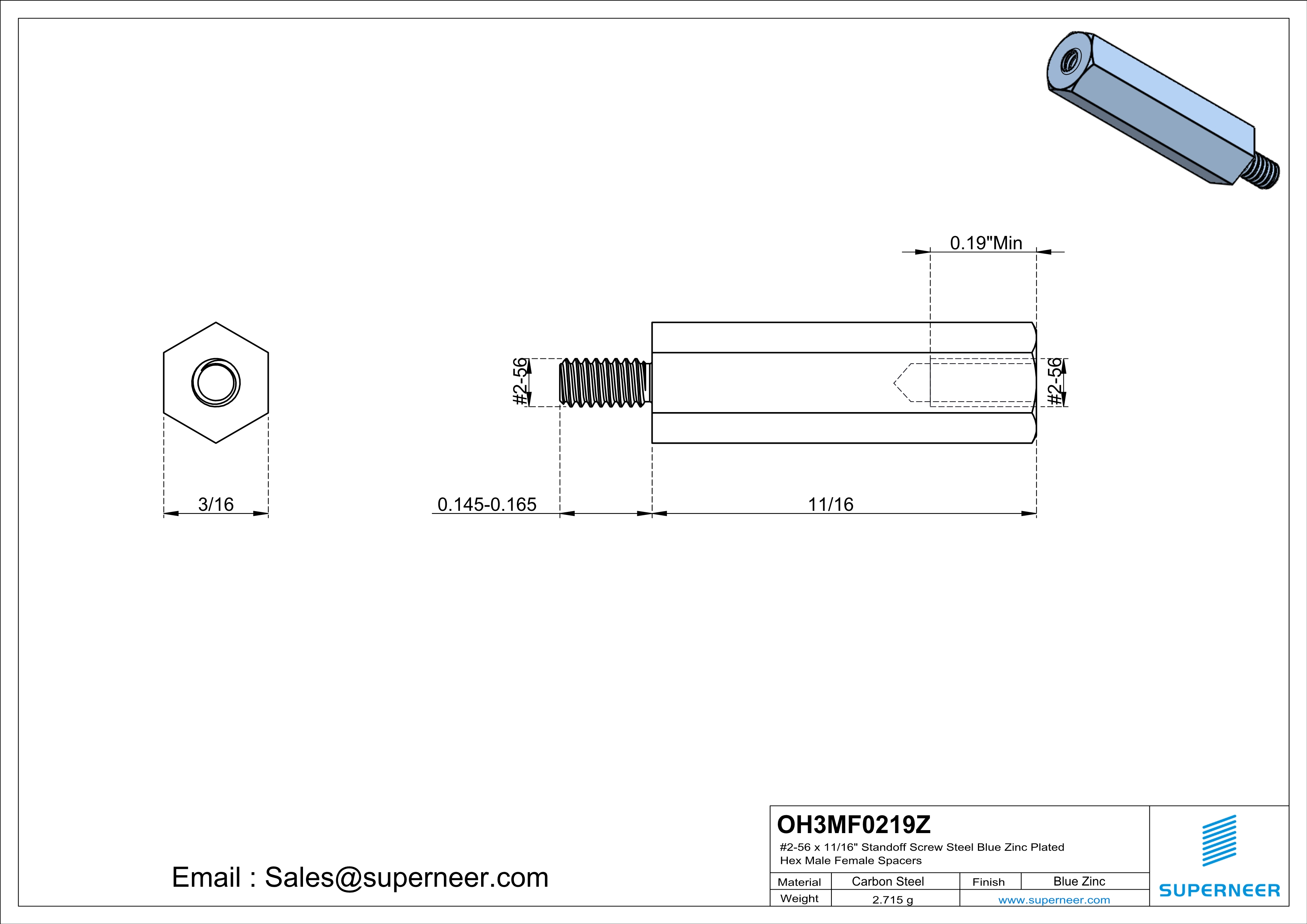 2-56 x 11/16" Standoff Screw Steel Blue Zinc Plated Hex Male Female Spacers 