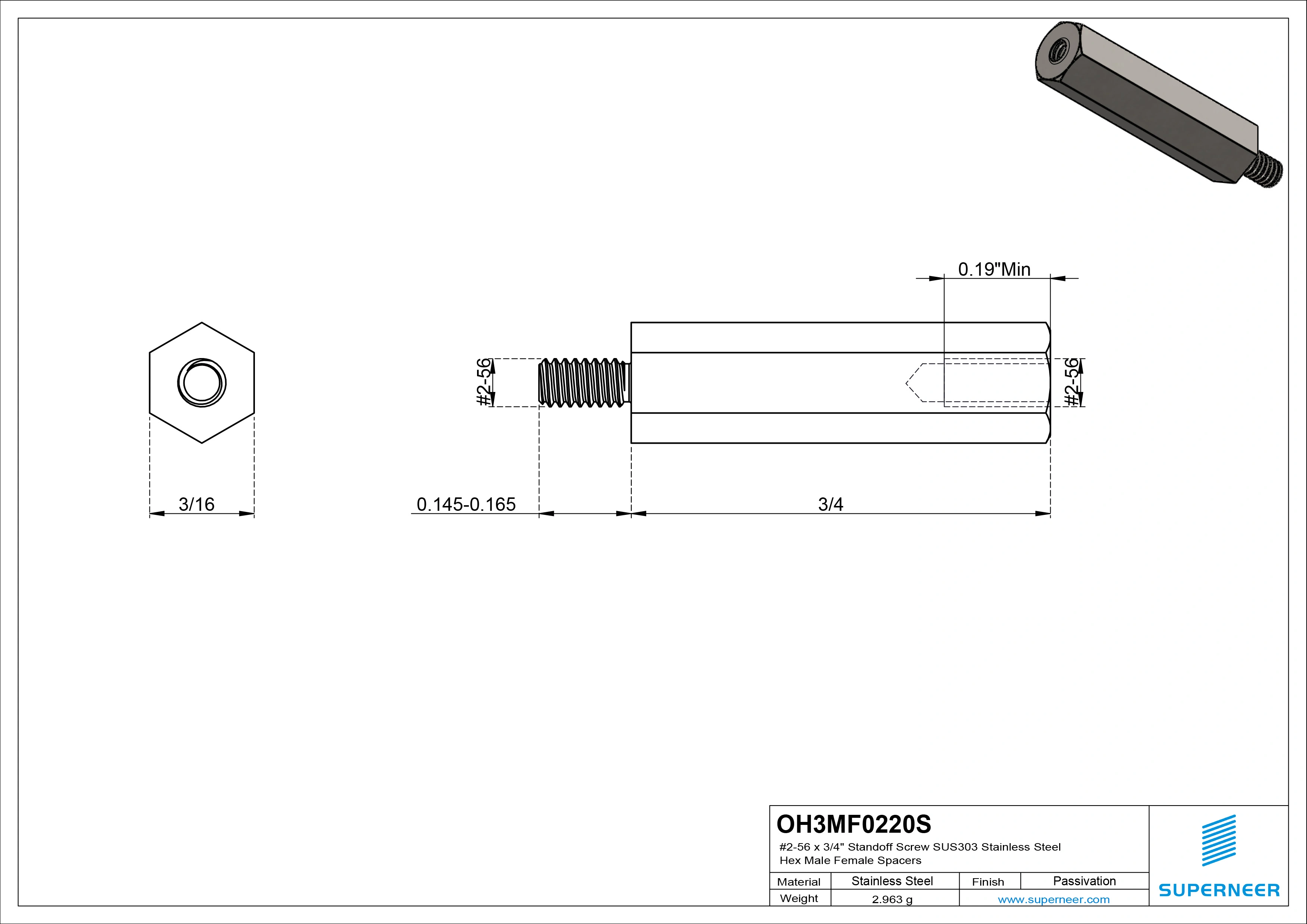 2-56 x 3/4" Standoff Screw SUS303 Stainless Steel Inox Hex Male Female Spacers 