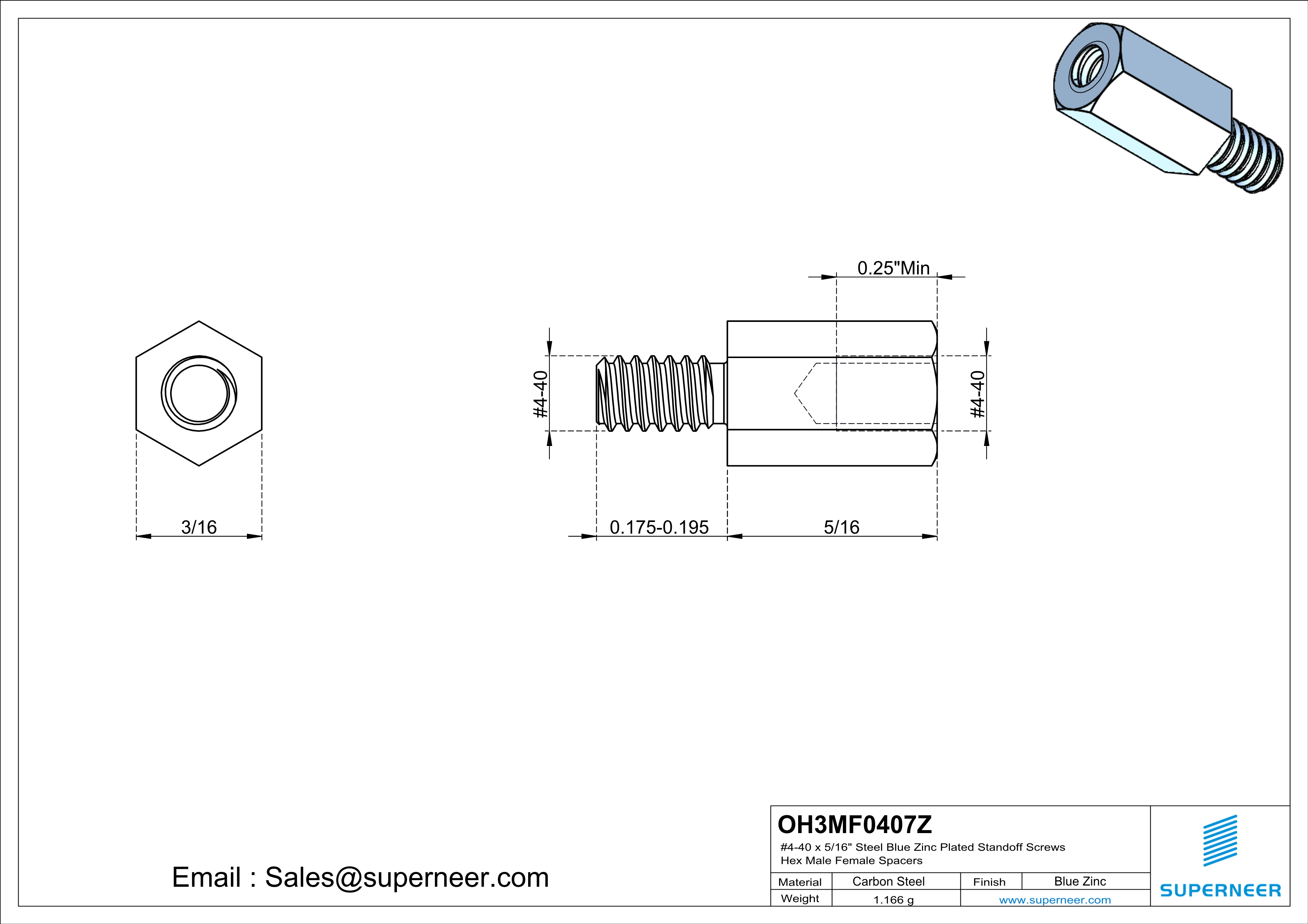 4-40 x 5/16" Steel Blue Zinc Plated Standoff Screws Hex Male Female Spacers 