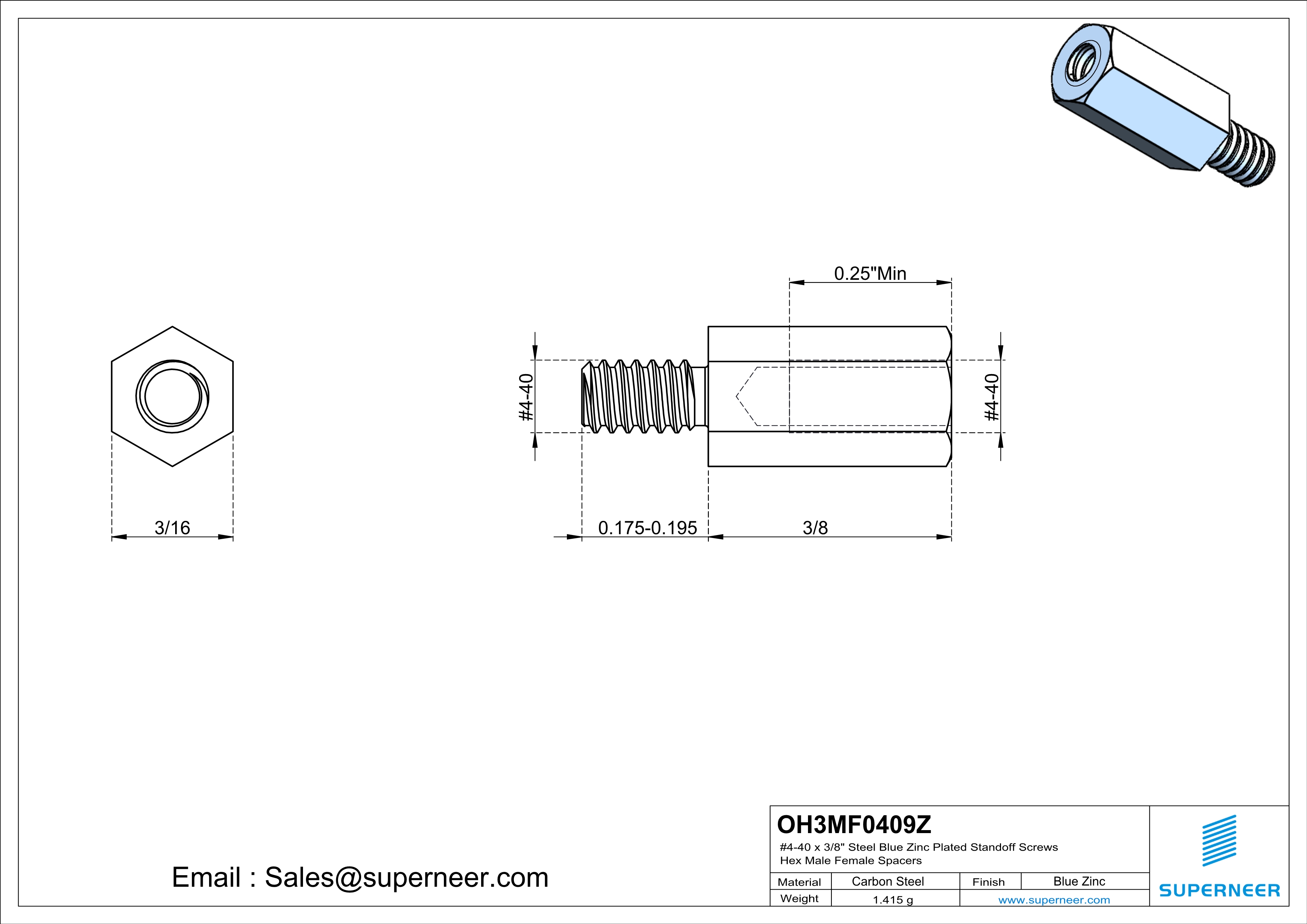 4-40 x 3/8" Steel Blue Zinc Plated Standoff Screws Hex Male Female Spacers 