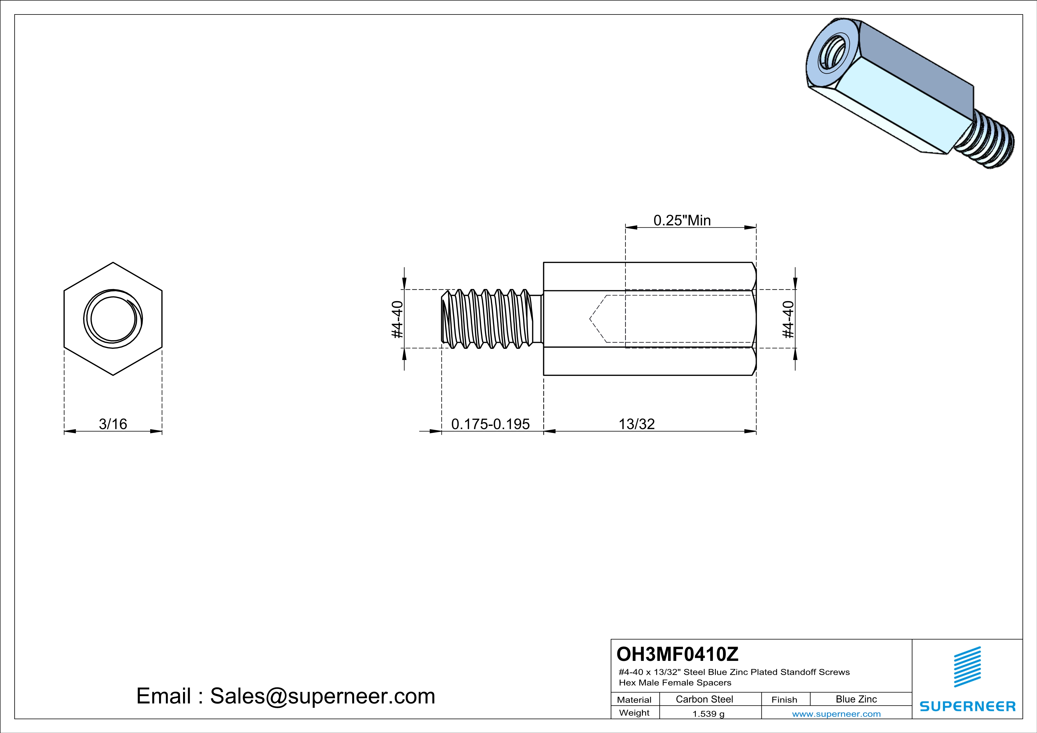 4-40 x 13/32" Steel Blue Zinc Plated Standoff Screws Hex Male Female Spacers 