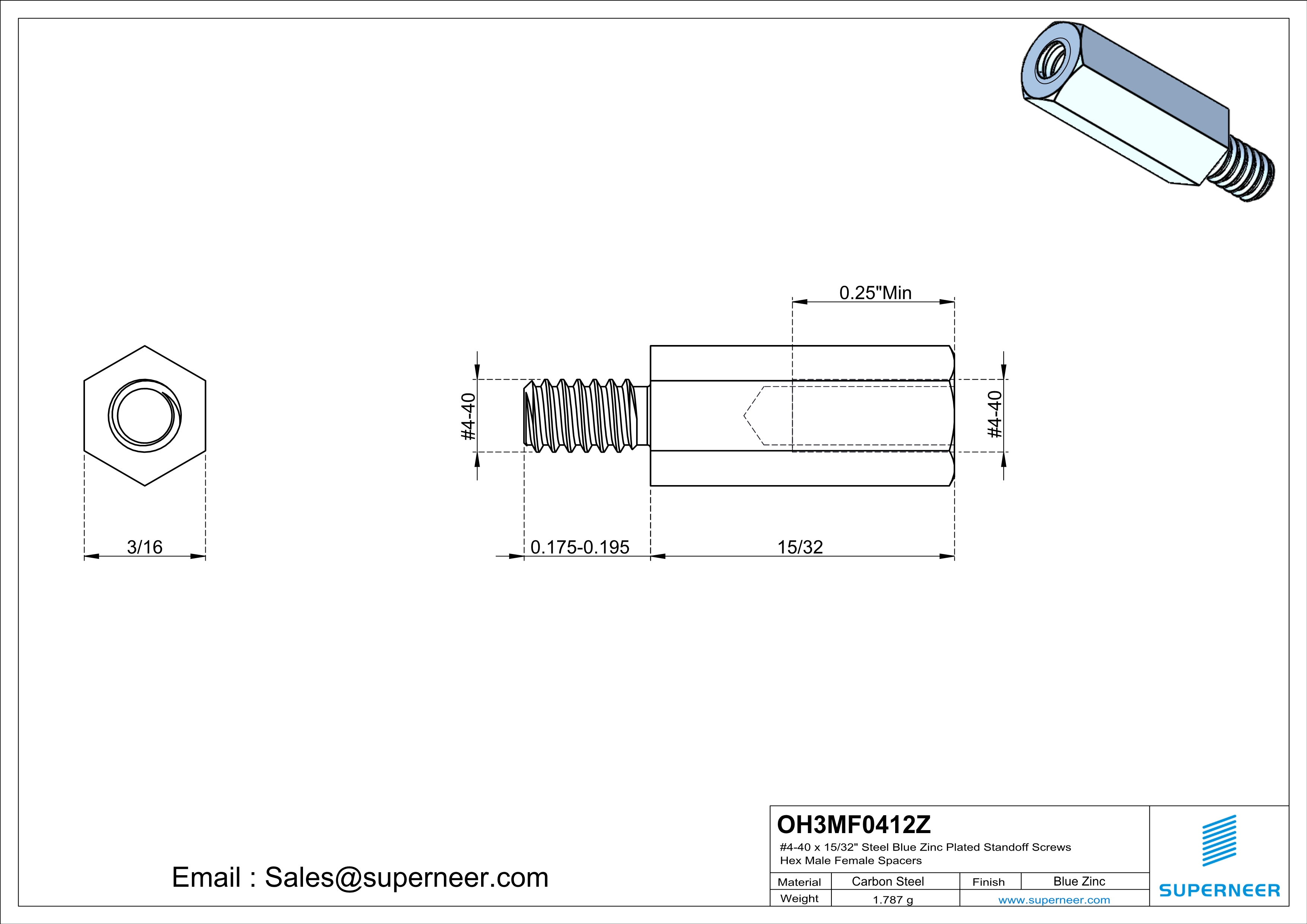 4-40 x 15/32" Steel Blue Zinc Plated Standoff Screws Hex Male Female Spacers 