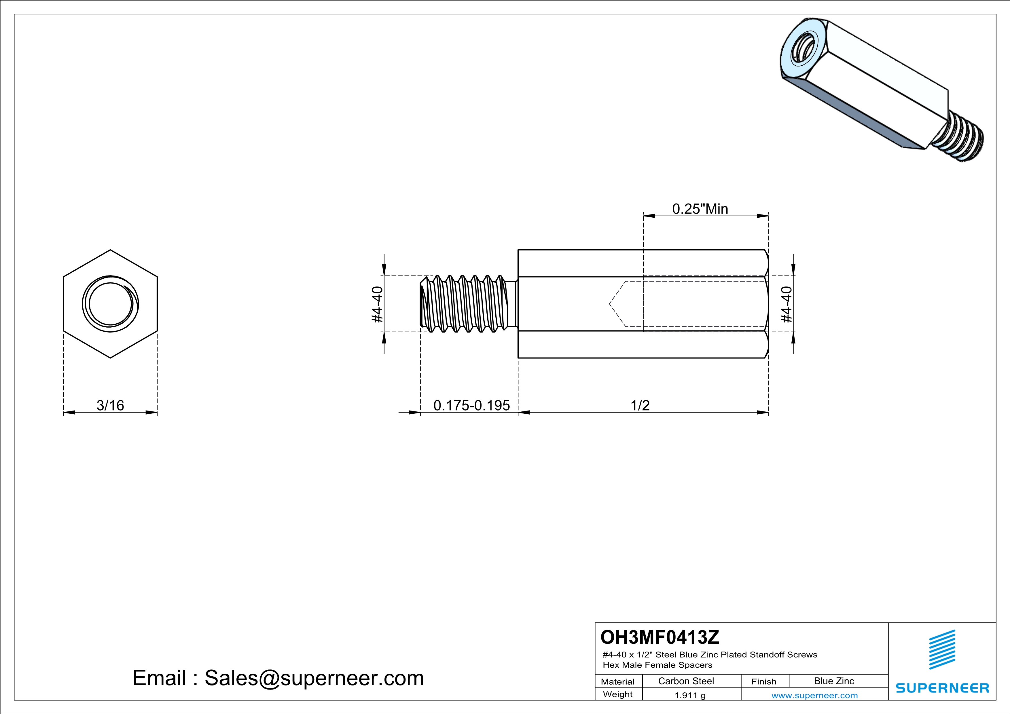 4-40 x 1/2"Steel Blue Zinc Plated Standoff Screws Hex Male Female Spacers 