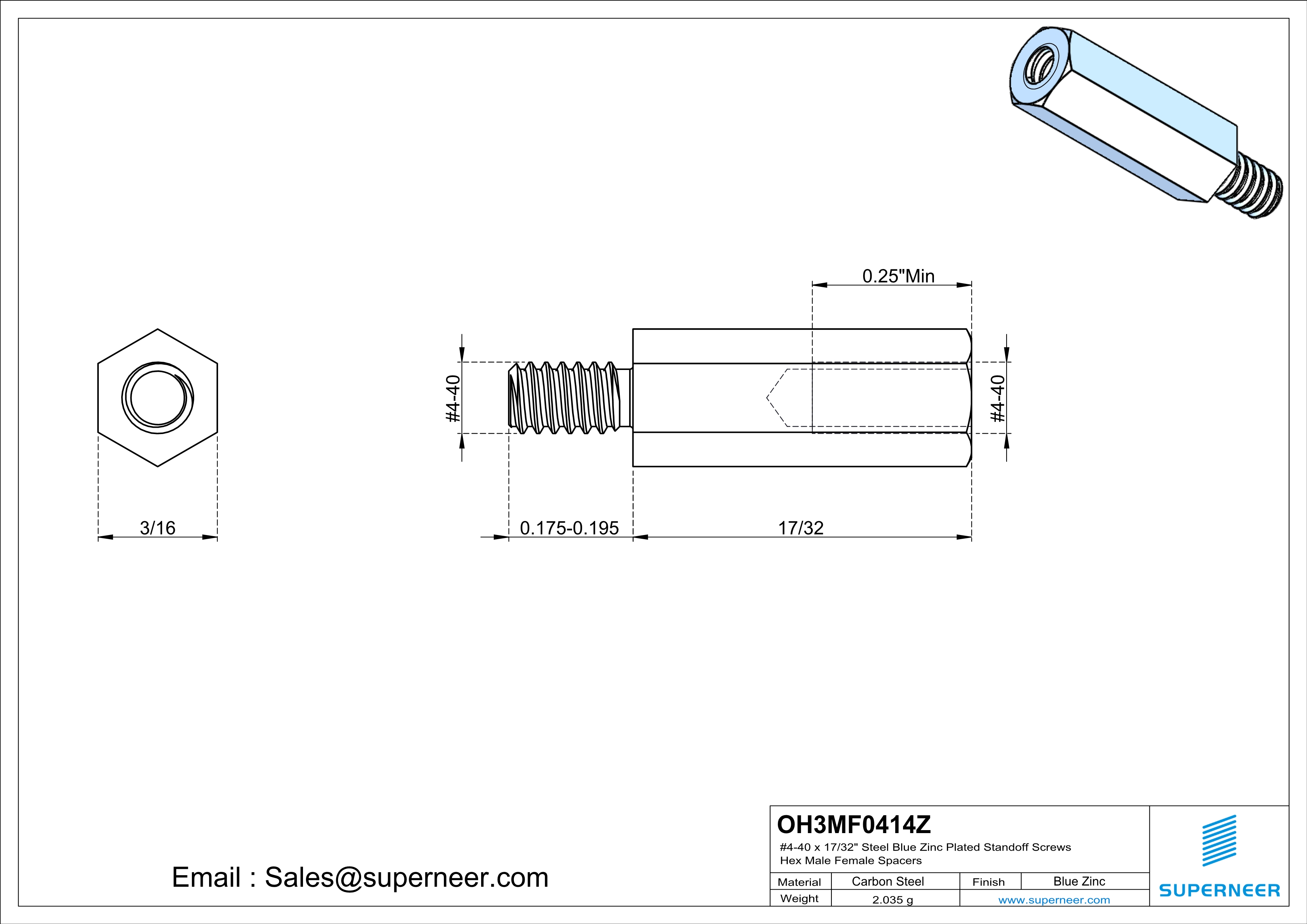 4-40 x 17/32" Steel Blue Zinc Plated Standoff Screws Hex Male Female Spacers 