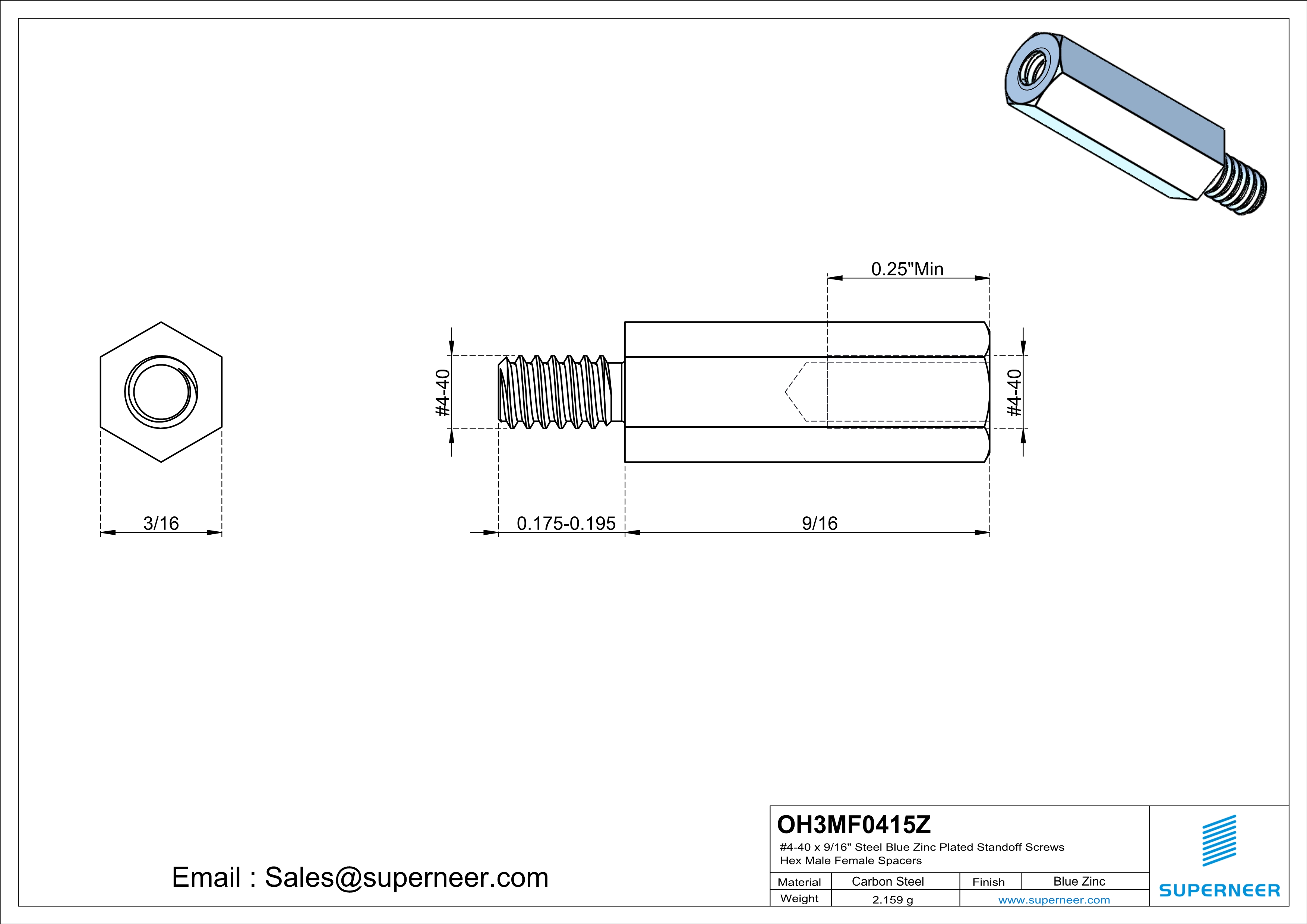 4-40 x 9/16" Steel Blue Zinc Plated Standoff Screws Hex Male Female Spacers 