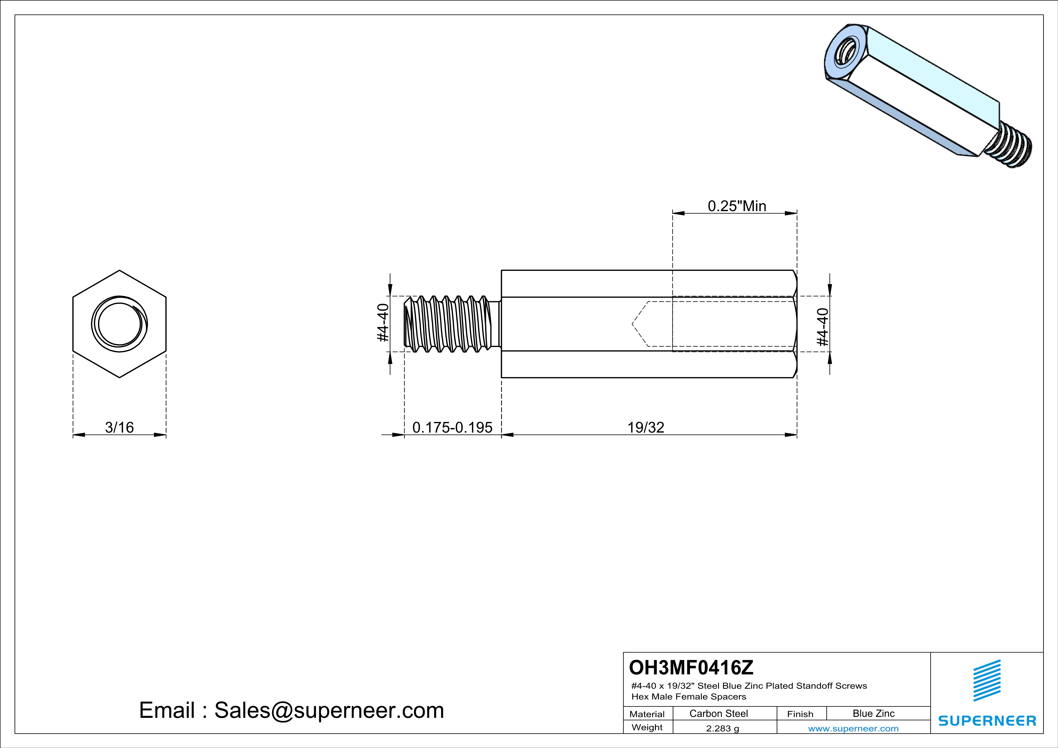 4-40 x 19/32" Steel Blue Zinc Plated Standoff Screws Hex Male Female Spacers 