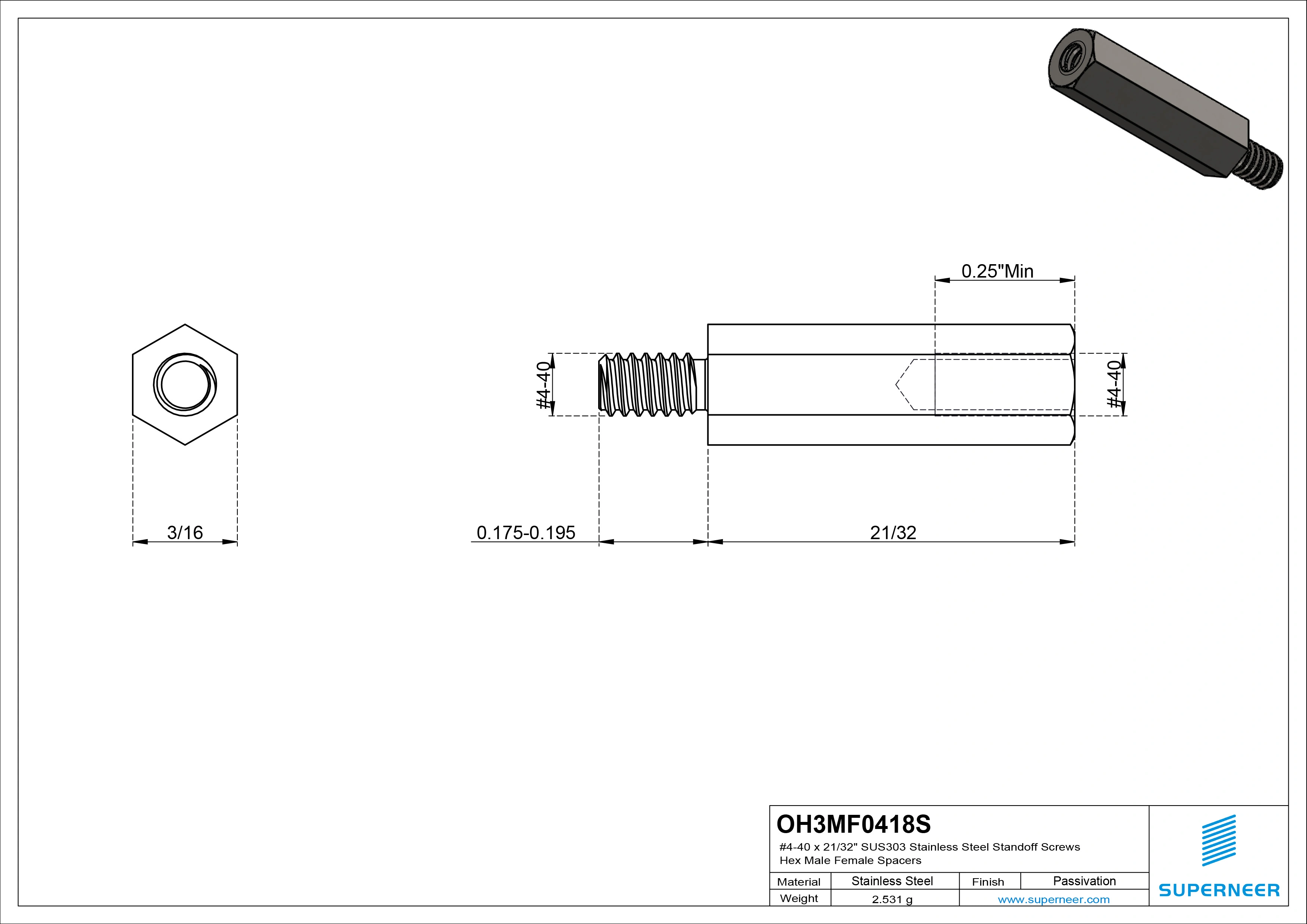 4-40 x 21/32" SUS303 Stainless Steel Inox Standoff Screws Hex Male Female Spacers 