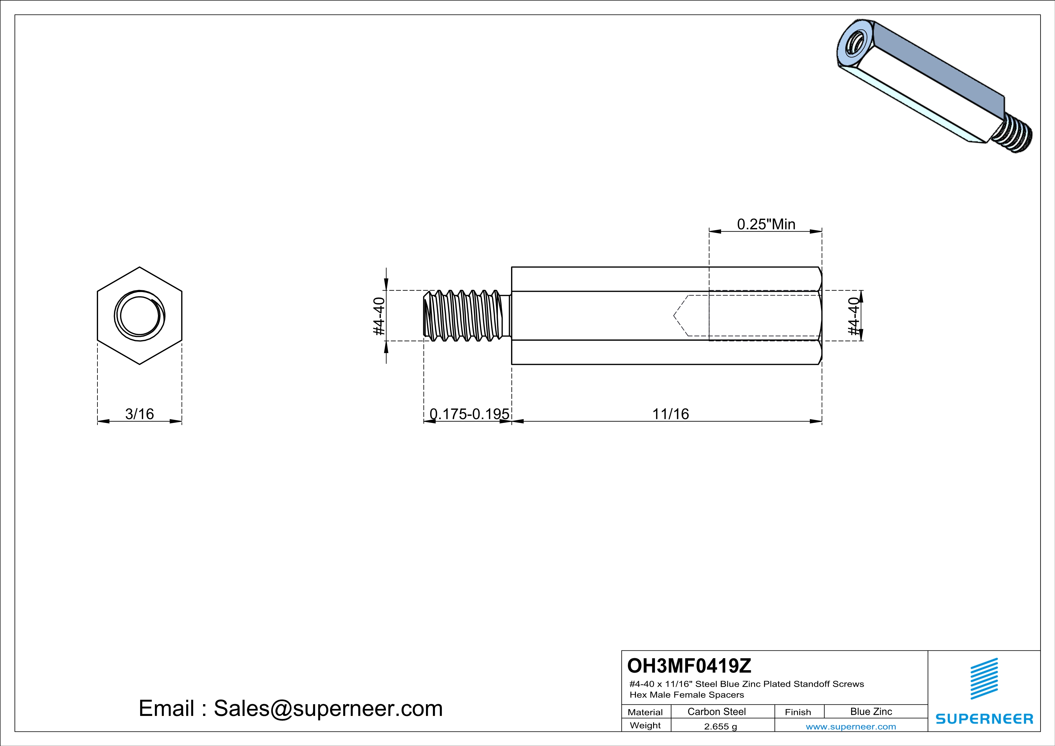 4-40 x 11/16" Steel Blue Zinc Plated Standoff Screws Hex Male Female Spacers 