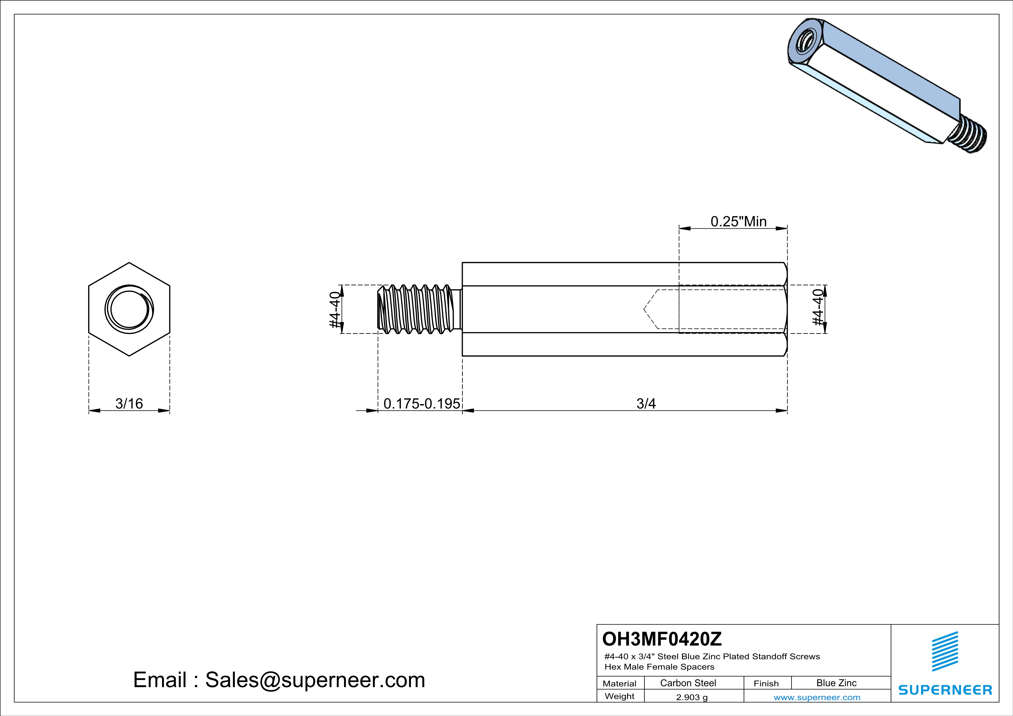 4-40 x 3/4" Steel Blue Zinc Plated Standoff Screws Hex Male Female Spacers 