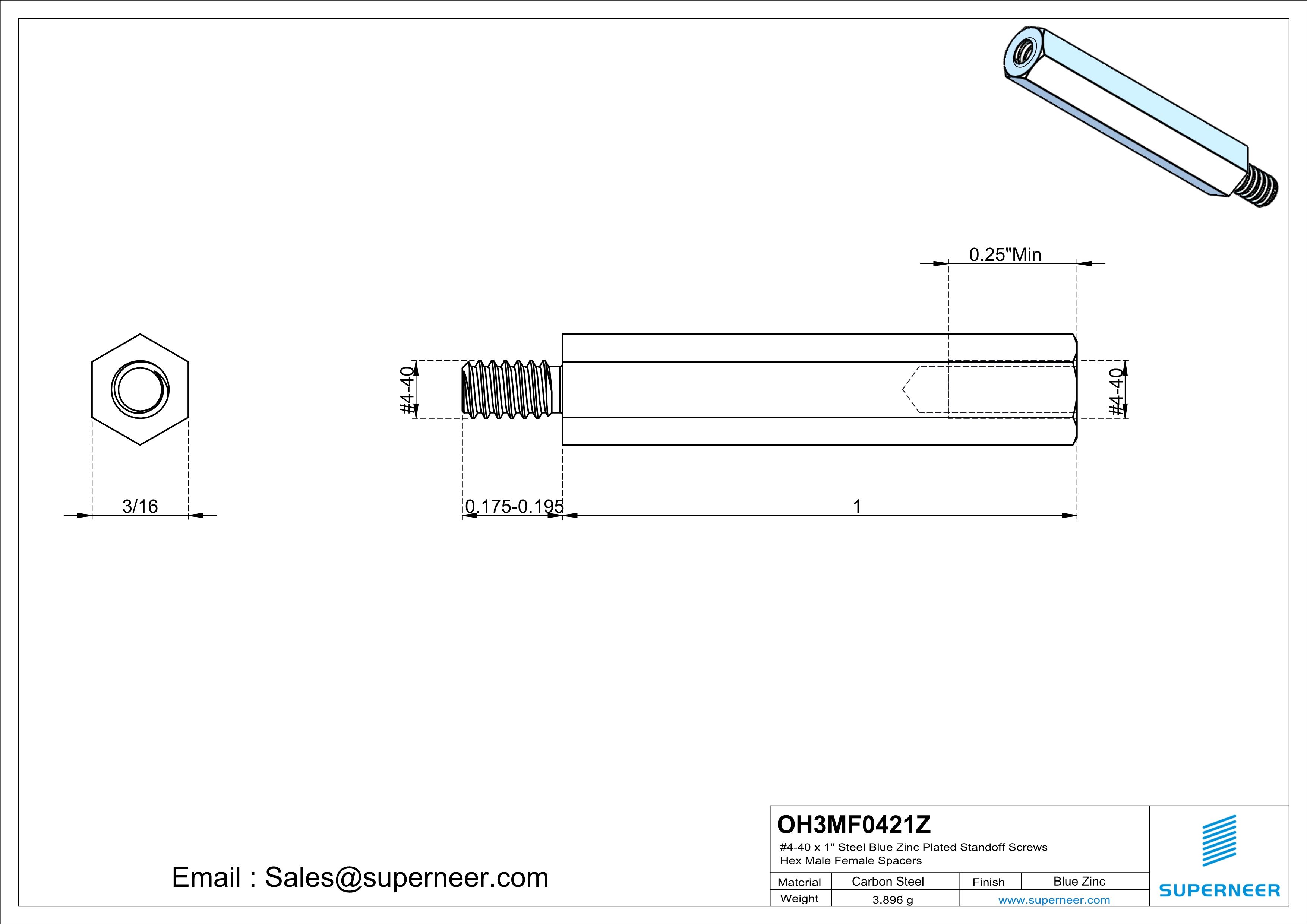 4-40 x 1" Steel Blue Zinc Plated Standoff Screws Hex Male Female Spacers 