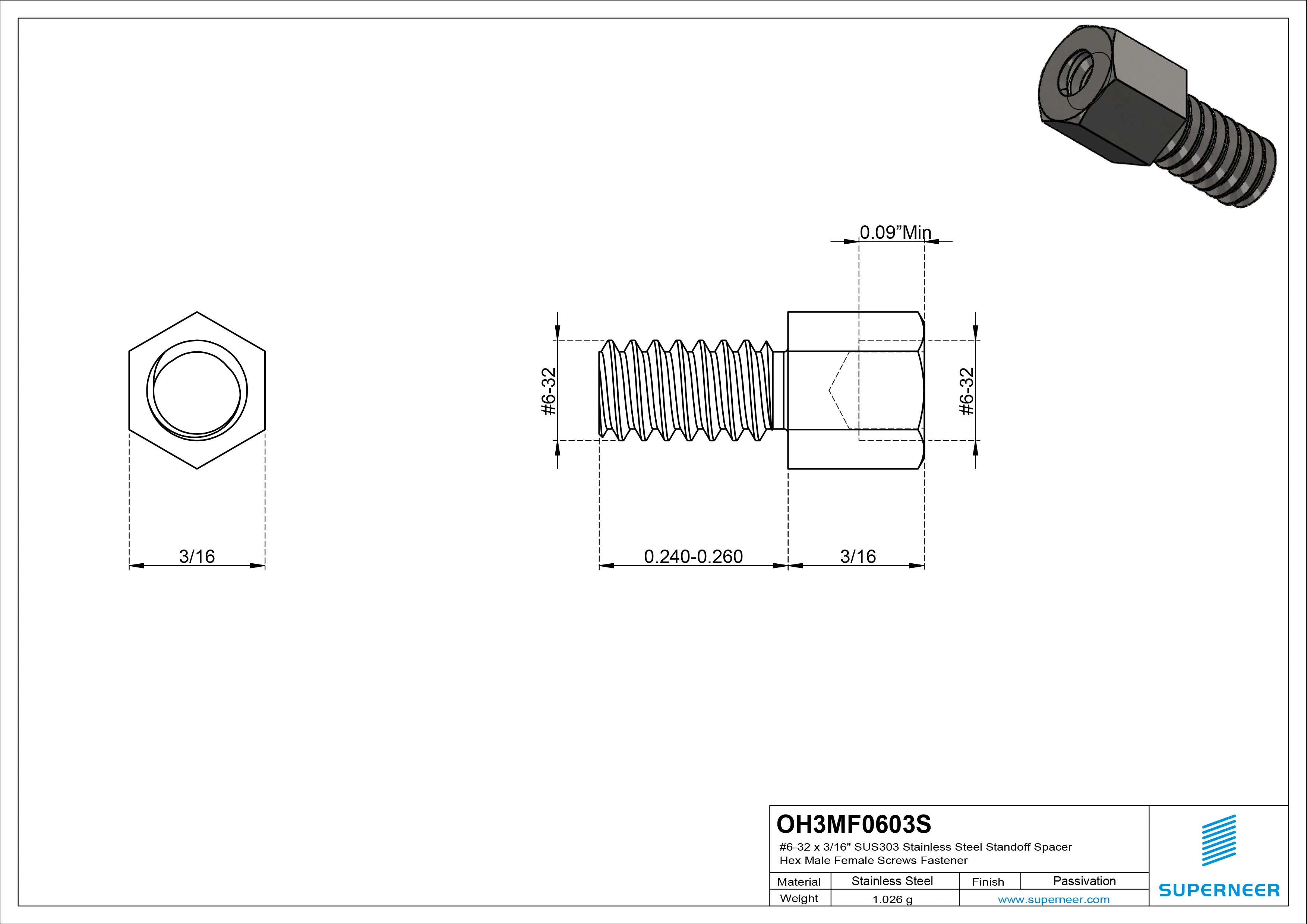 6-32 x 3/16"" SUS303 Stainless Steel Inox Standoff Spacer Hex Male Female Screws Fastener