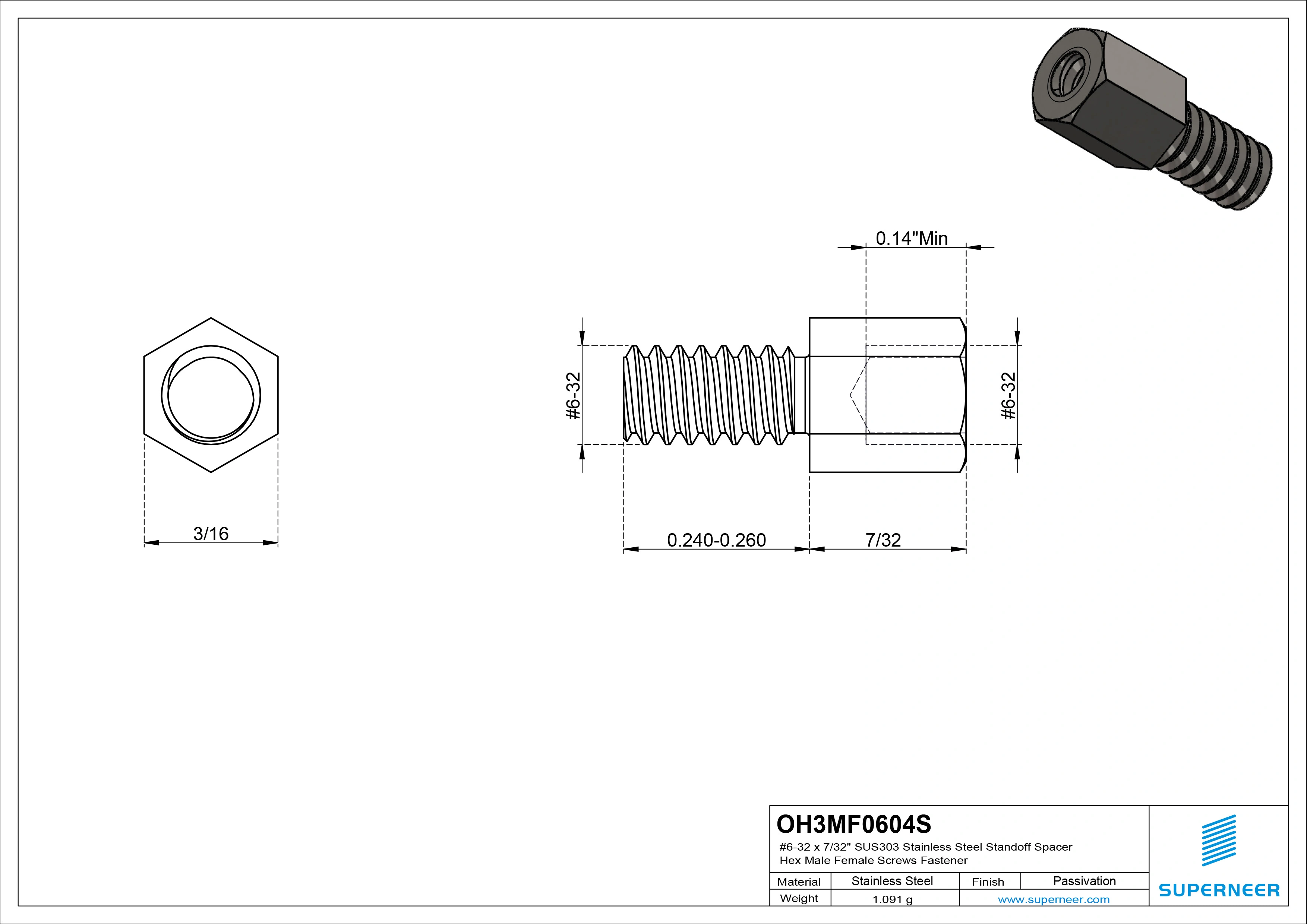 6-32 x 7/32" SUS303 Stainless Steel Inox Standoff Spacer Hex Male Female Screws Fastener