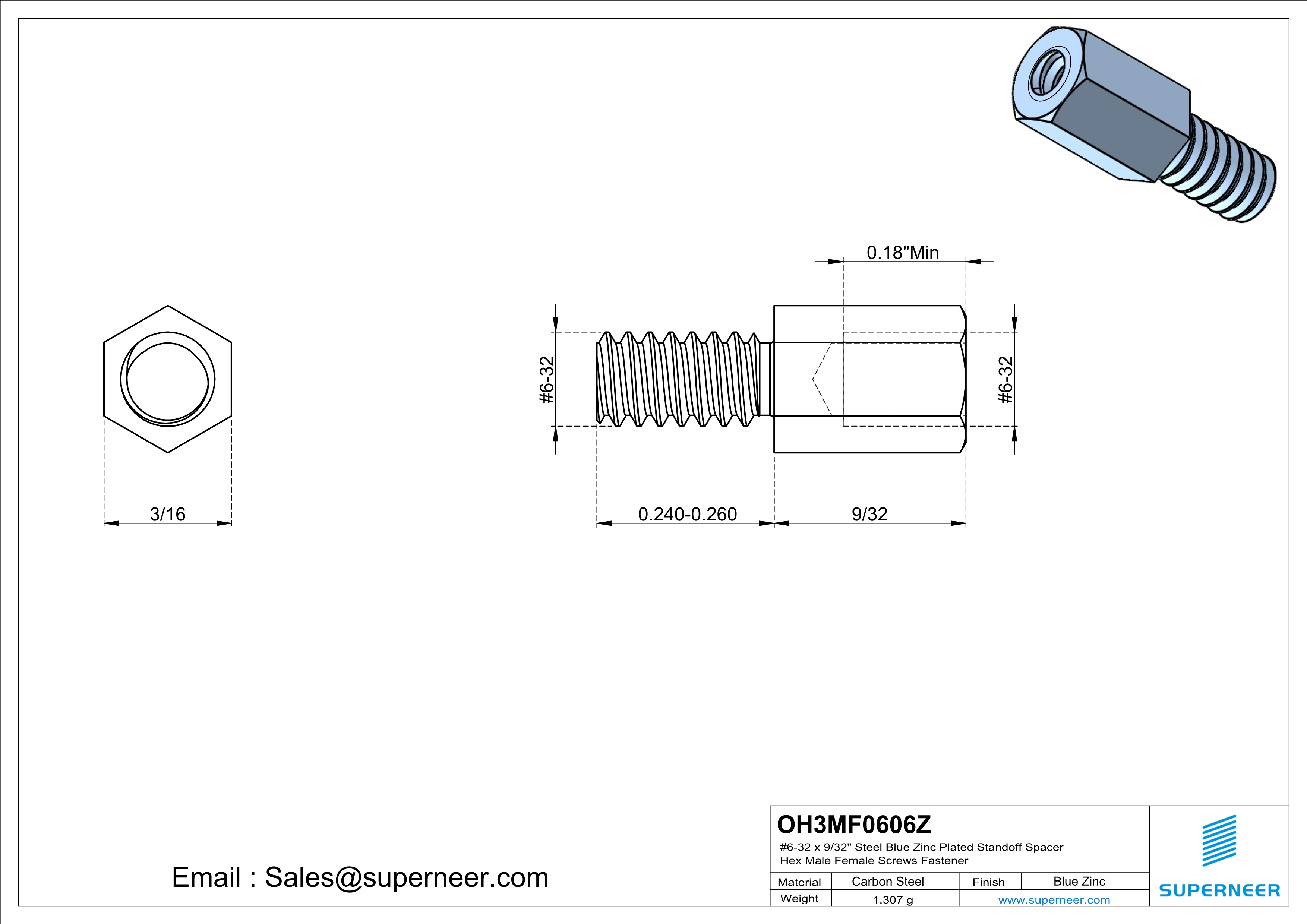 6-32 x 9/32" Steel Blue Zinc Plated Standoff Spacer Hex Male Female Screws Fastener