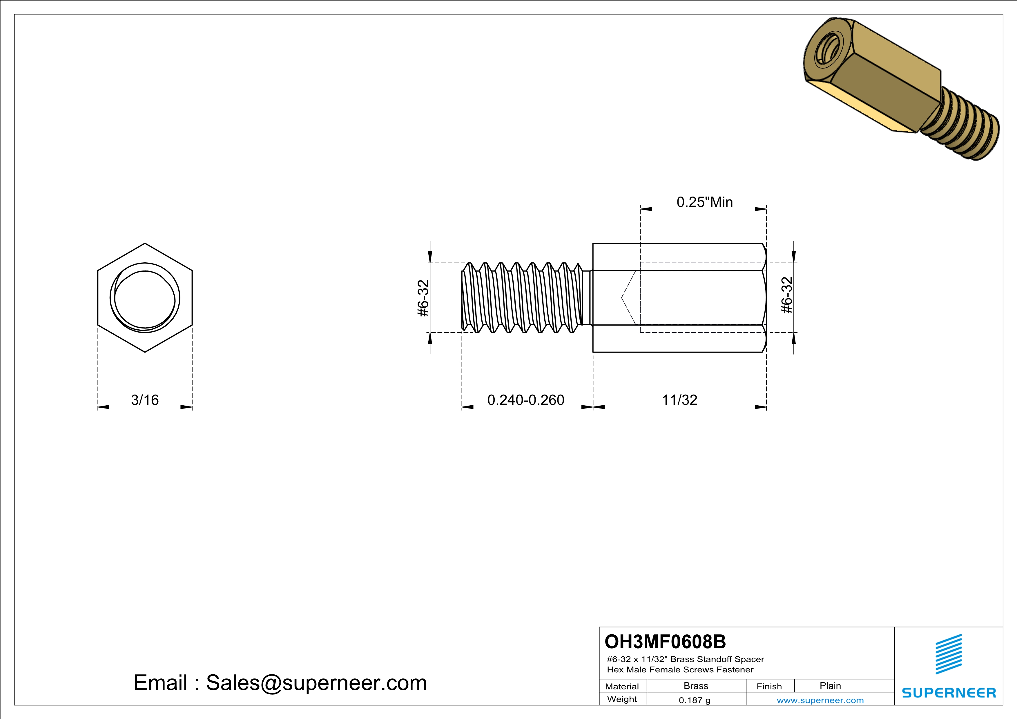 6-32 x 11/32" Brass Standoff Spacer Hex Male Female Screws Fastener