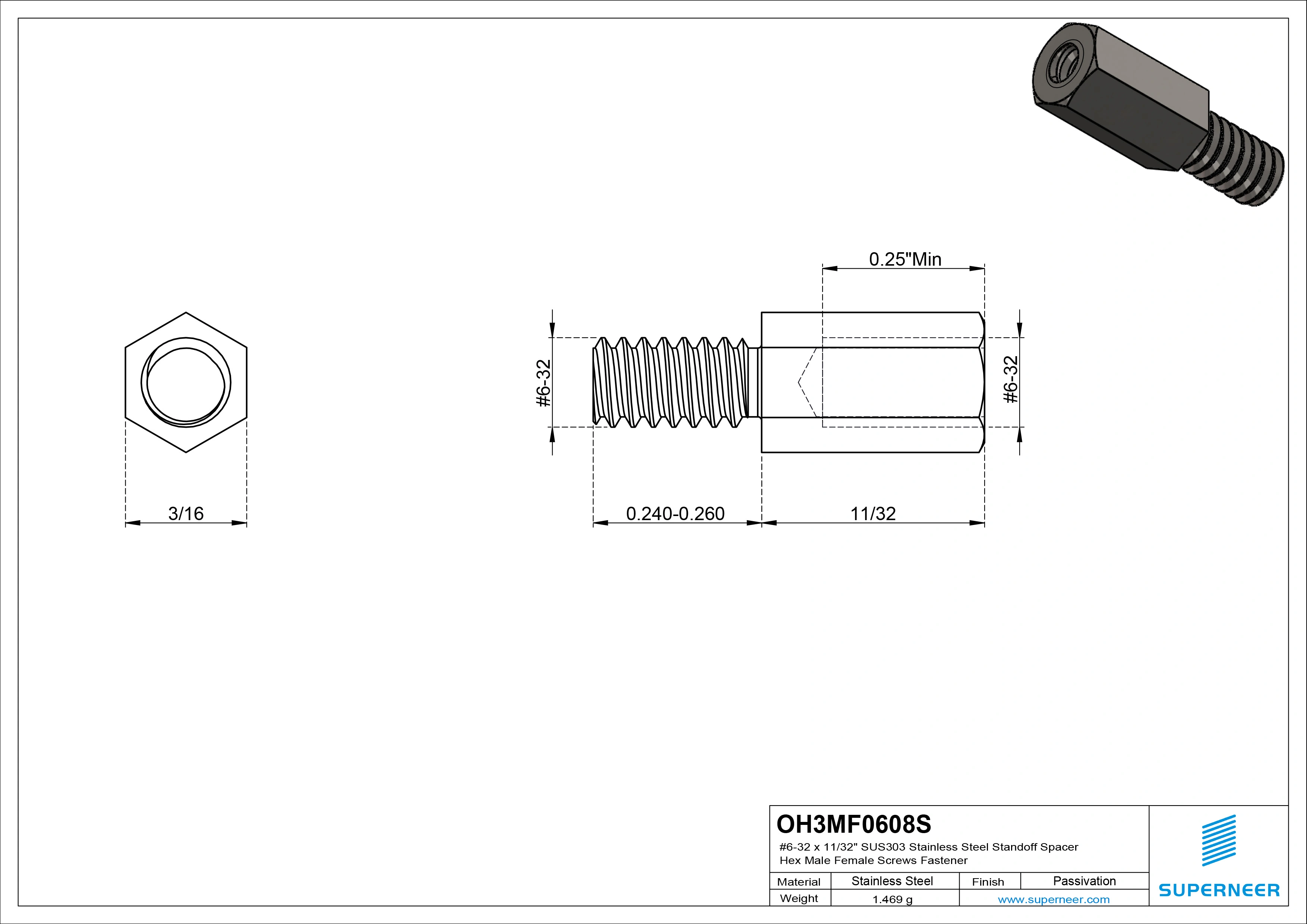 6-32 x 11/32" SUS303 Stainless Steel Inox Standoff Spacer Hex Male Female Screws Fastener