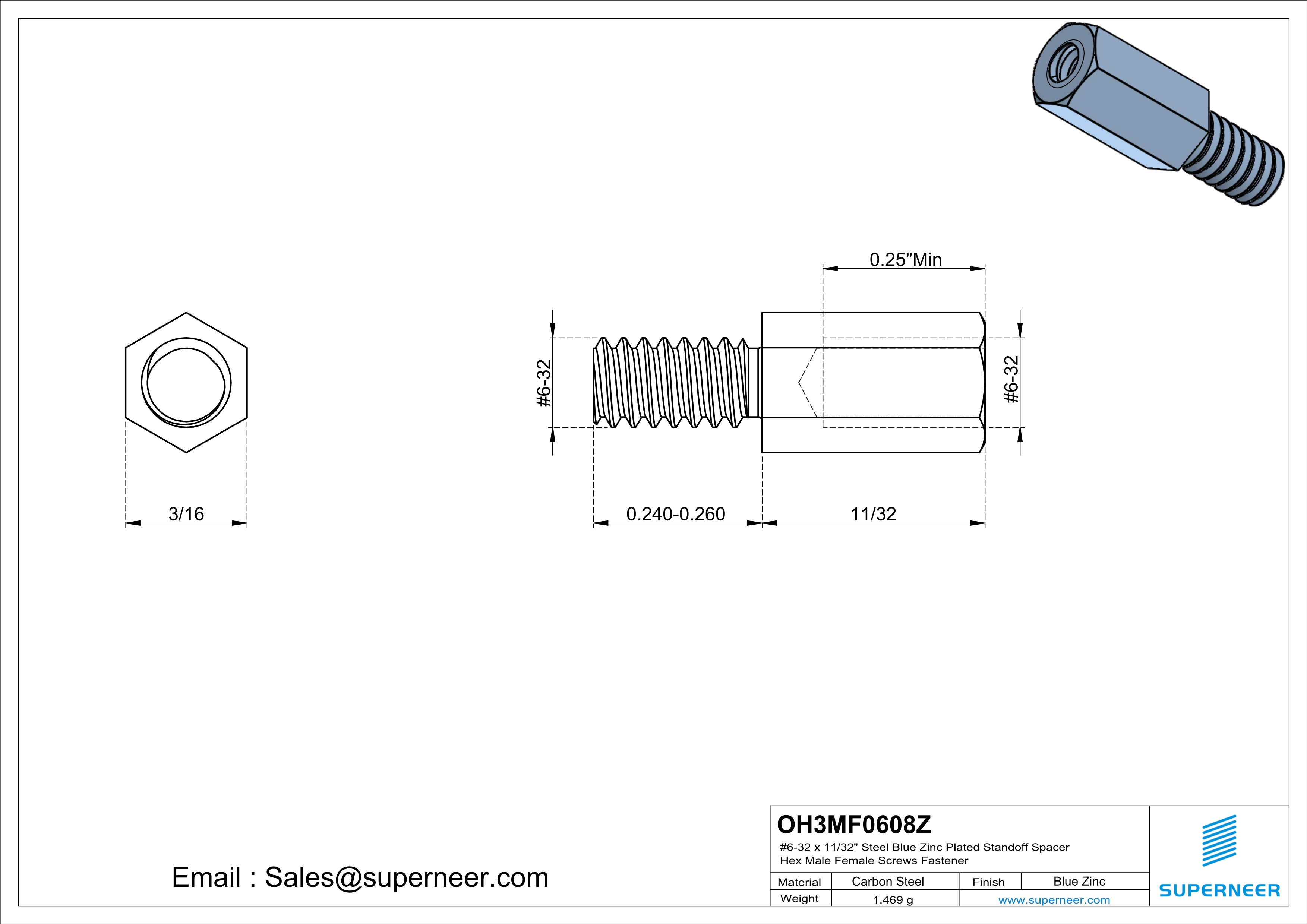 6-32 x 11/32" Steel Blue Zinc Plated Standoff Spacer Hex Male Female Screws Fastener