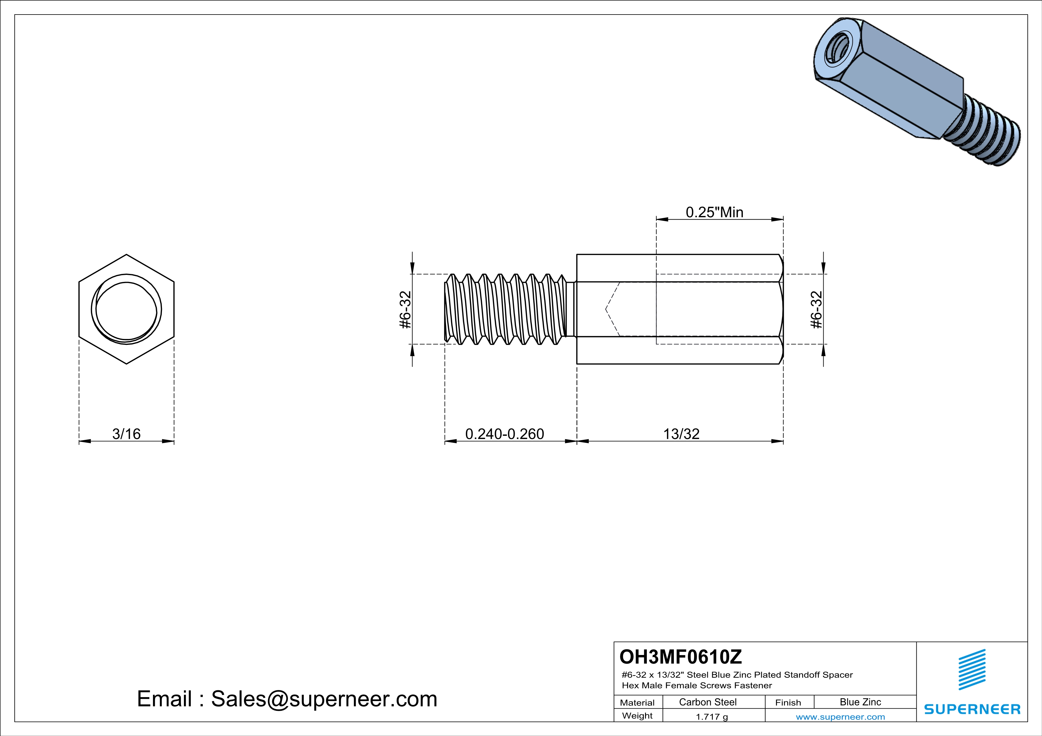 6-32 x 13/32" Steel Blue Zinc Plated Standoff Spacer Hex Male Female Screws Fastener