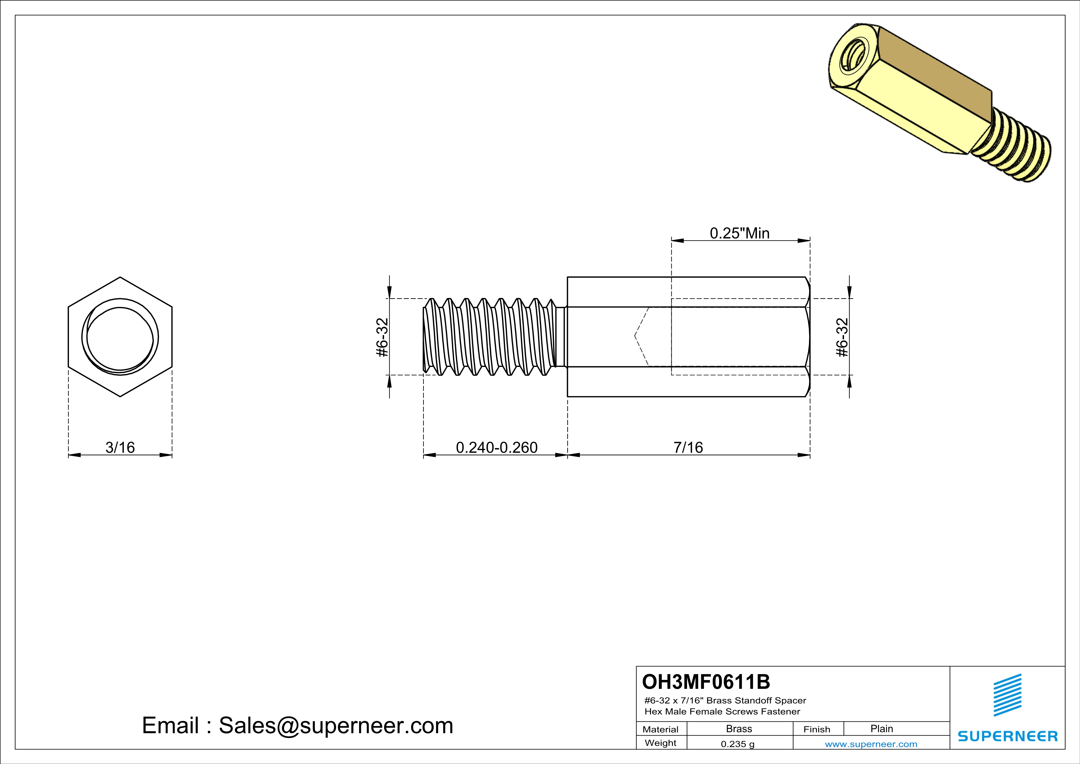 6-32 x 7/16" Brass Standoff Spacer Hex Male Female Screws Fastener