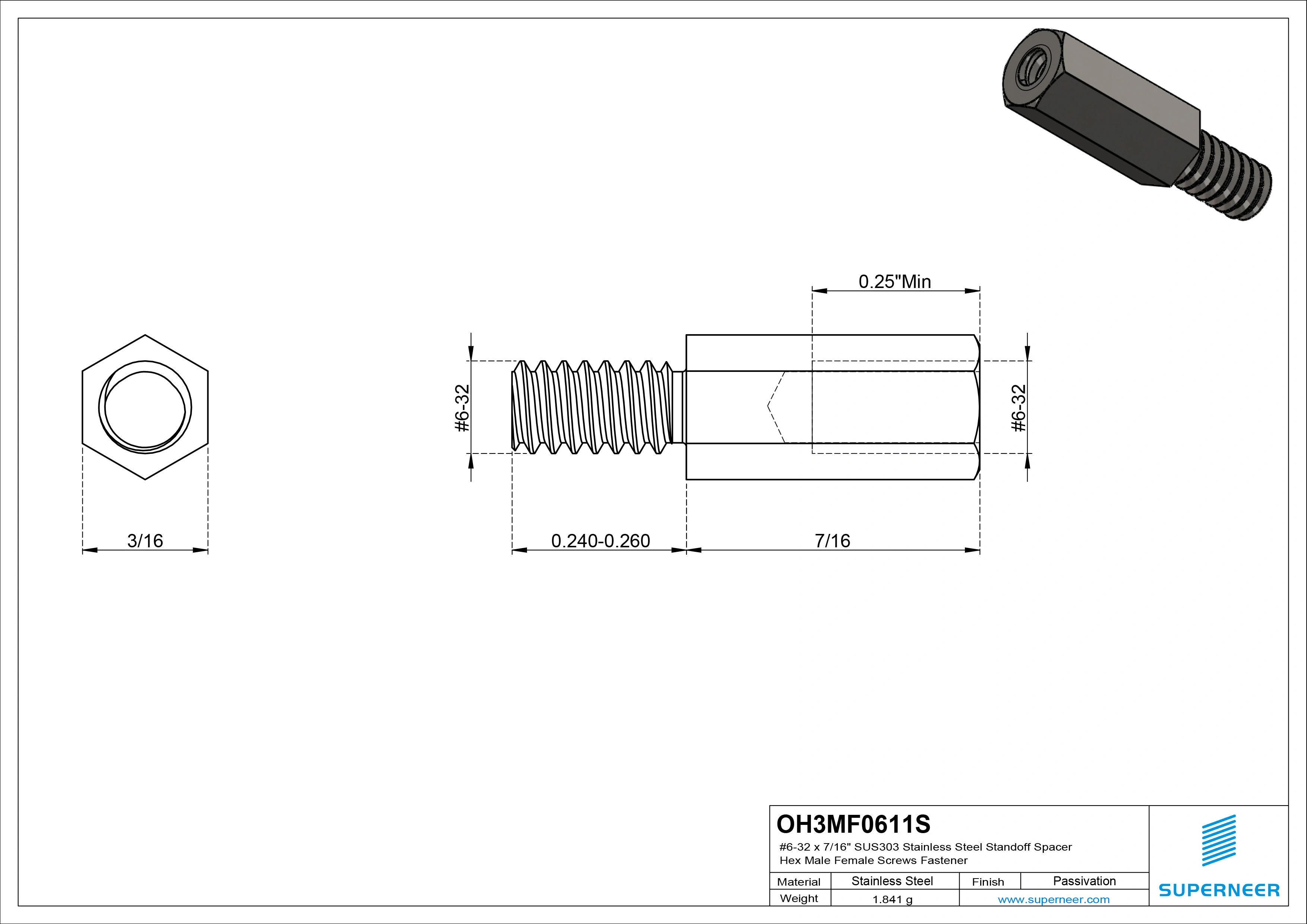 6-32 x 7/16" SUS303 Stainless Steel Inox Standoff Spacer Hex Male Female Screws Fastener