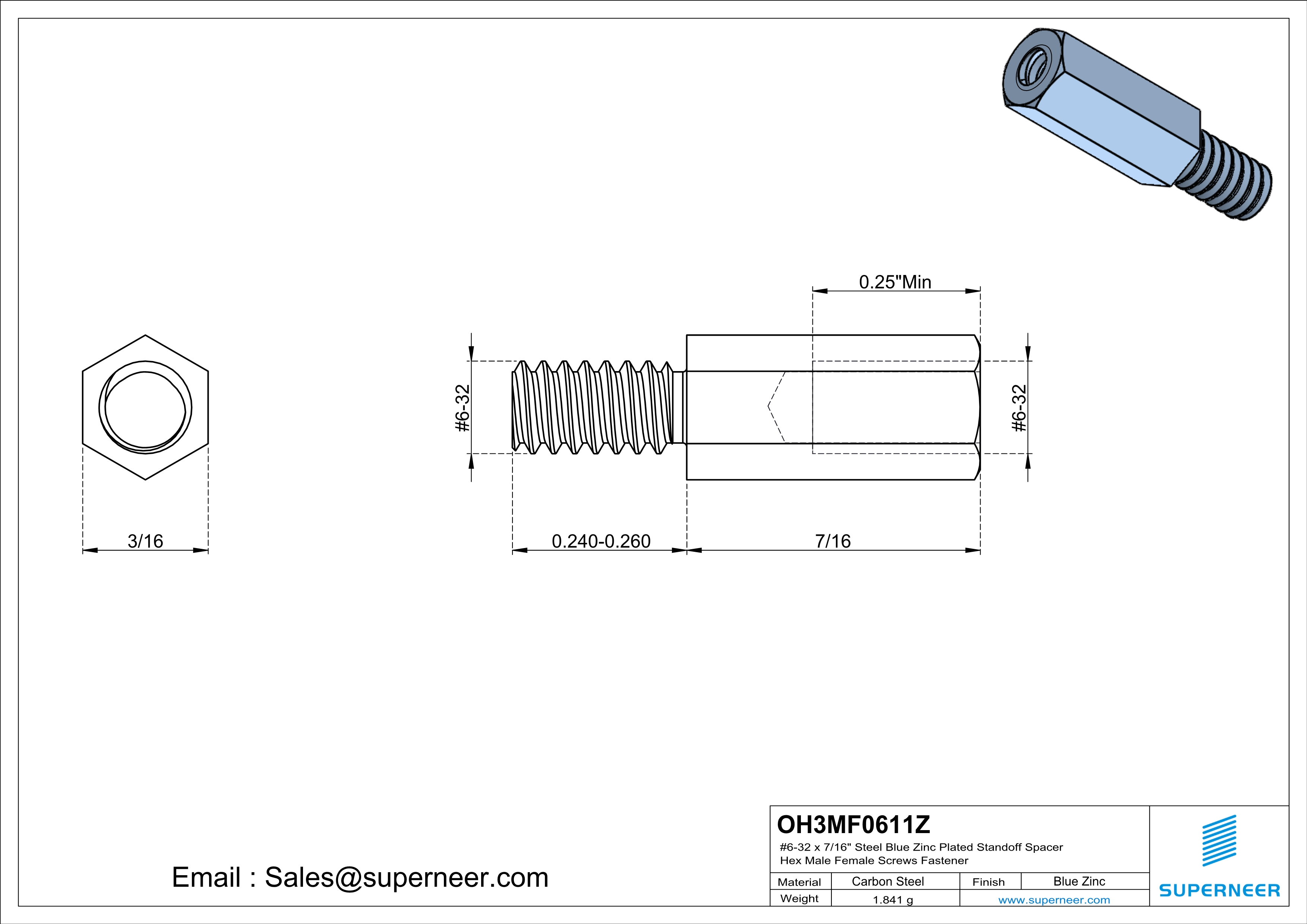 6-32 x 7/16" Steel Blue Zinc Plated Standoff Spacer Hex Male Female Screws Fastener