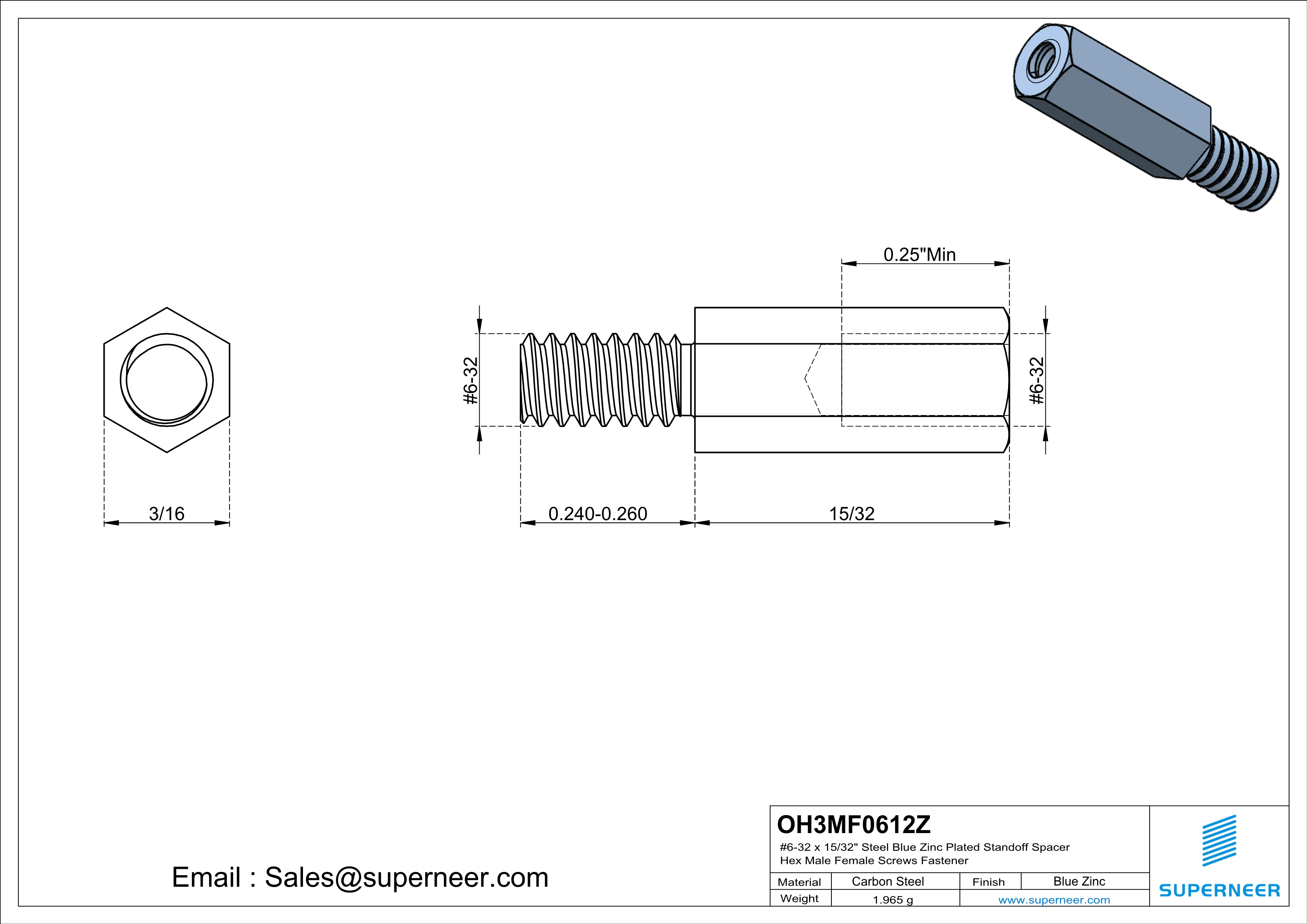 6-32 x 15/32" Steel Blue Zinc Plated Standoff Spacer Hex Male Female Screws Fastener