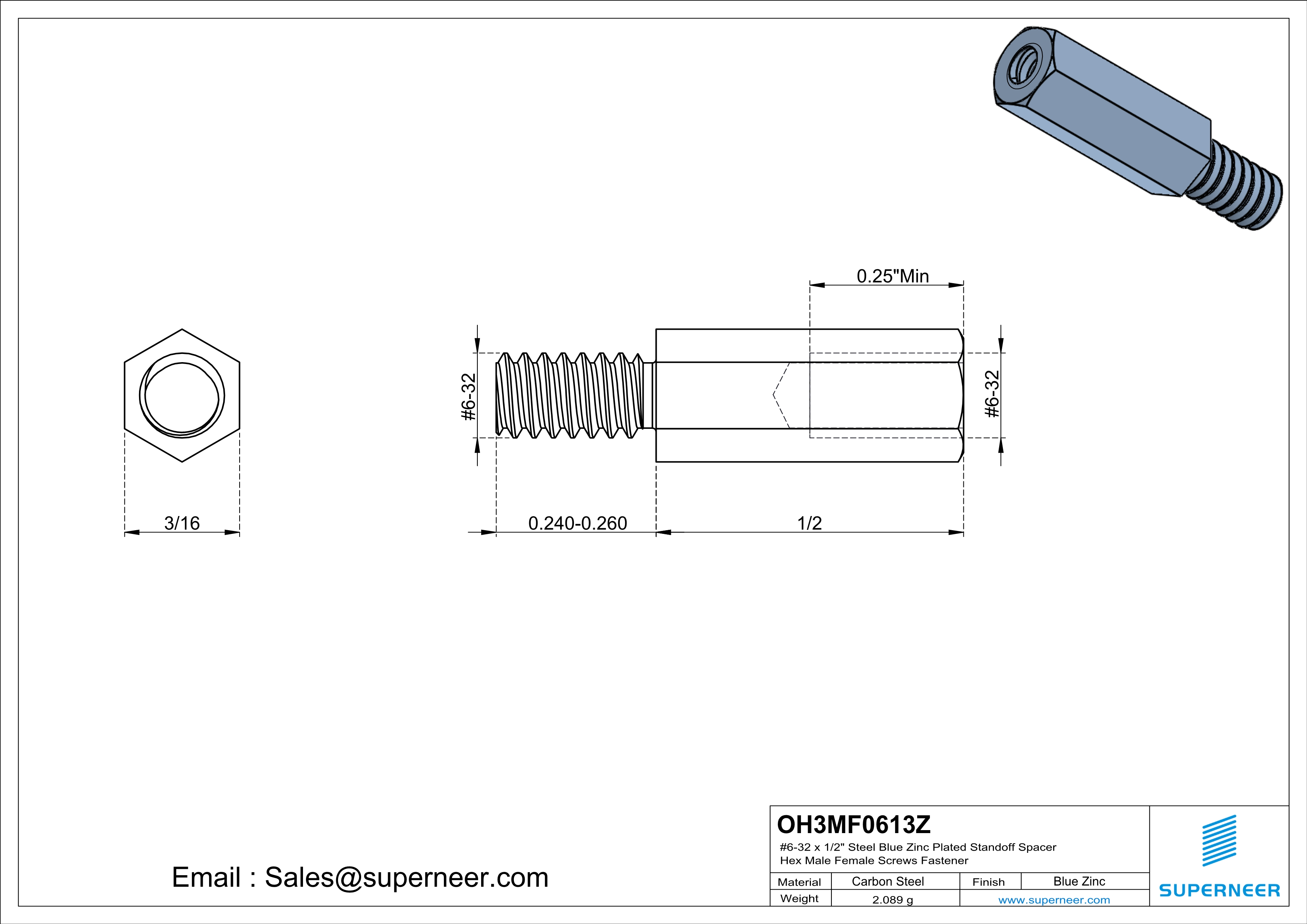 6-32 x 1/2" Steel Blue Zinc Plated Standoff Spacer Hex Male Female Screws Fastener