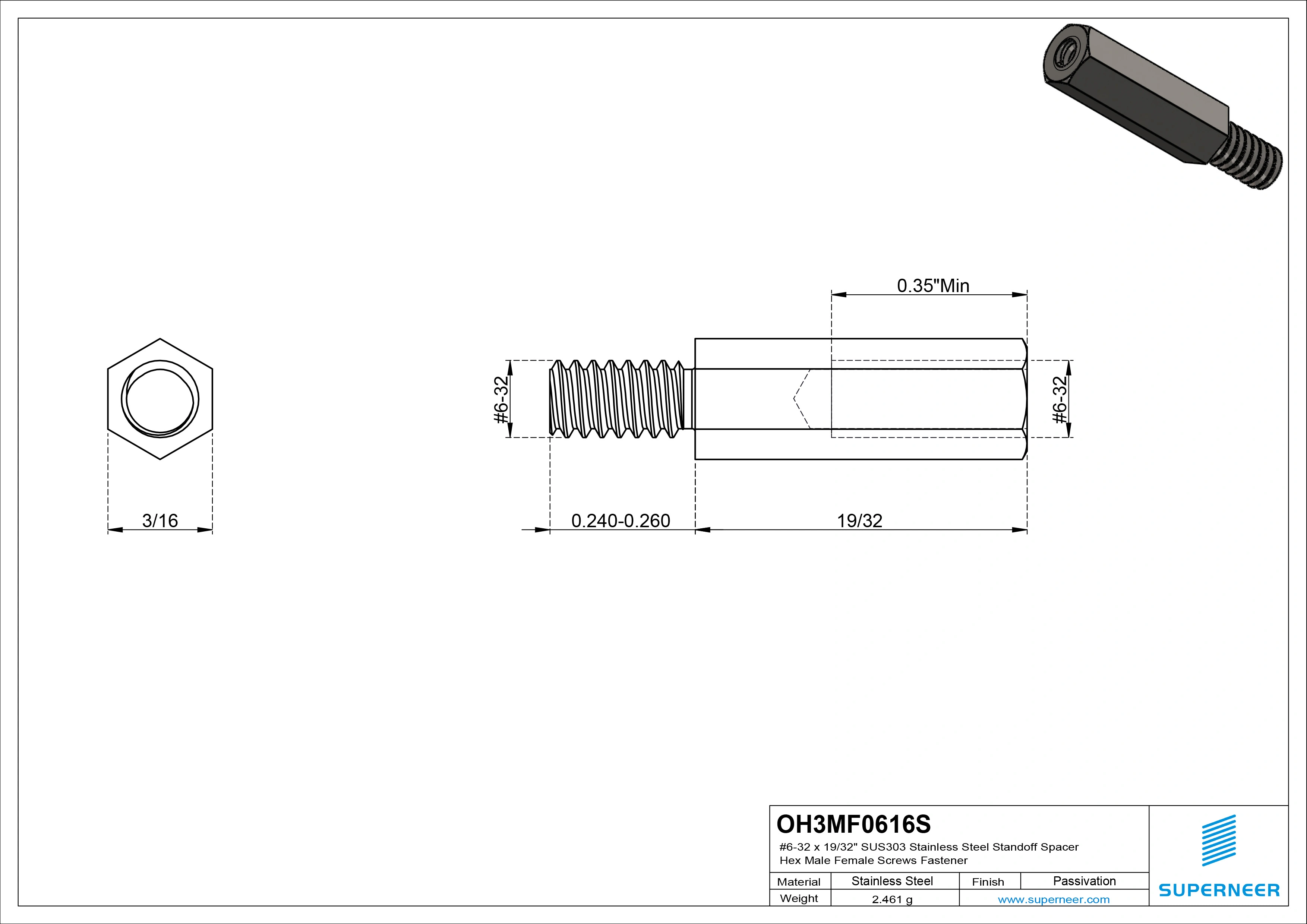 6-32 x 19/32" SUS303 Stainless Steel Inox Standoff Spacer Hex Male Female Screws Fastener