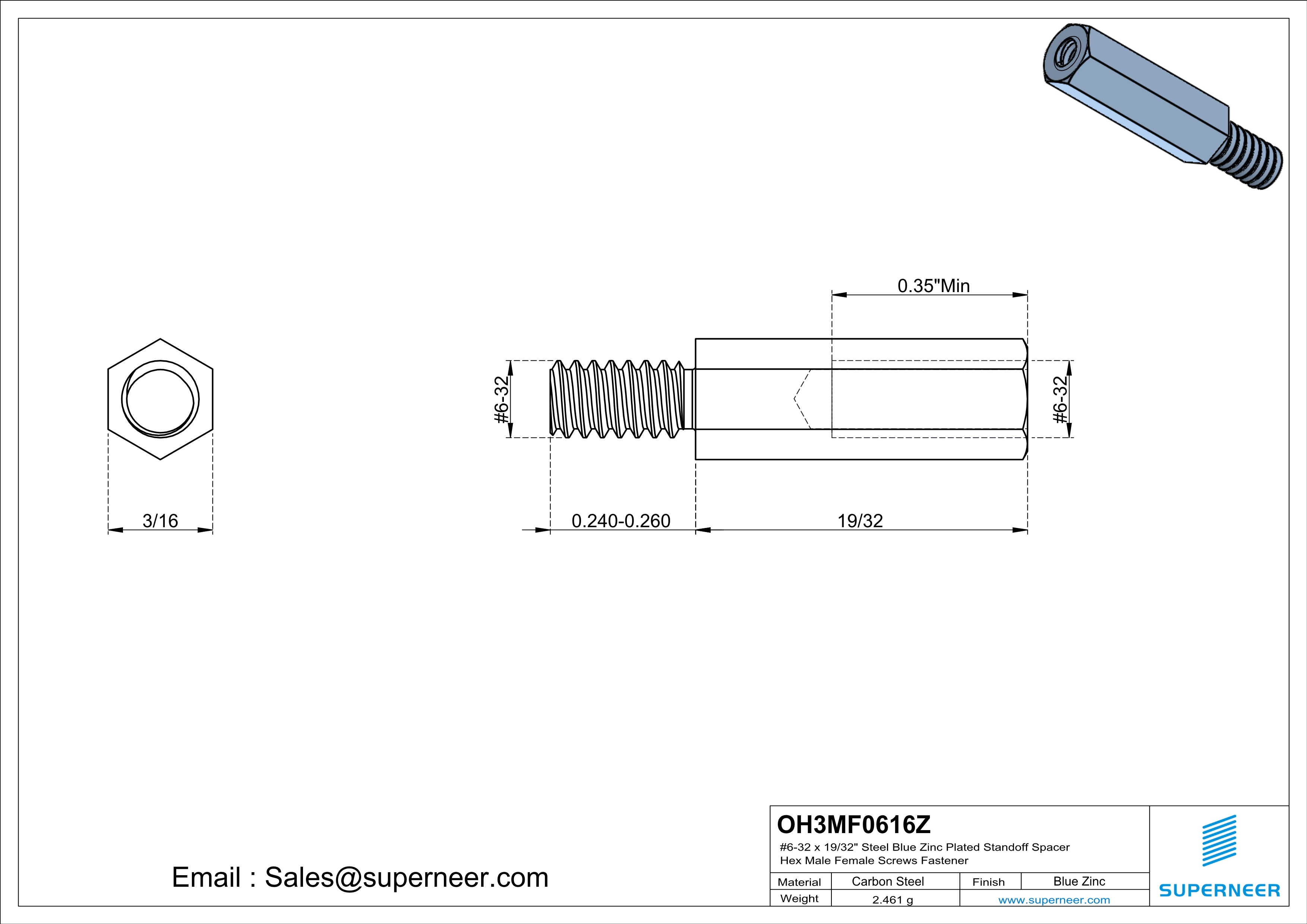 6-32 x 19/32" Steel Blue Zinc Plated Standoff Spacer Hex Male Female Screws Fastener