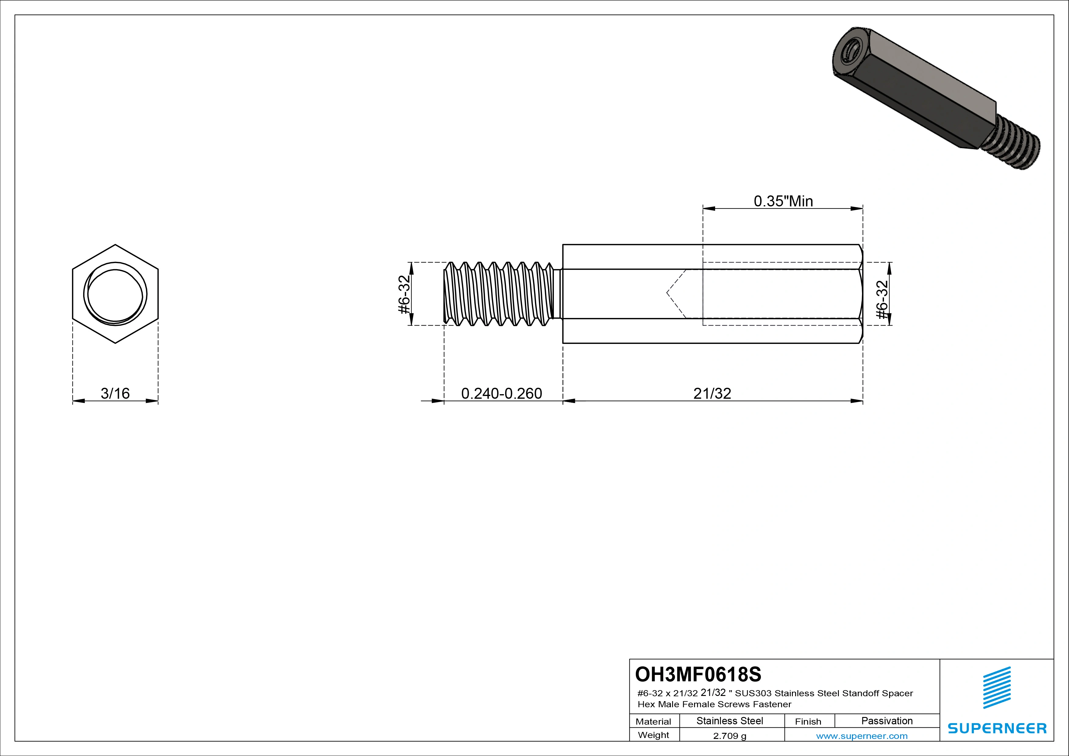 6-32 x 21/32" SUS303 Stainless Steel Inox Standoff Spacer Hex Male Female Screws Fastener