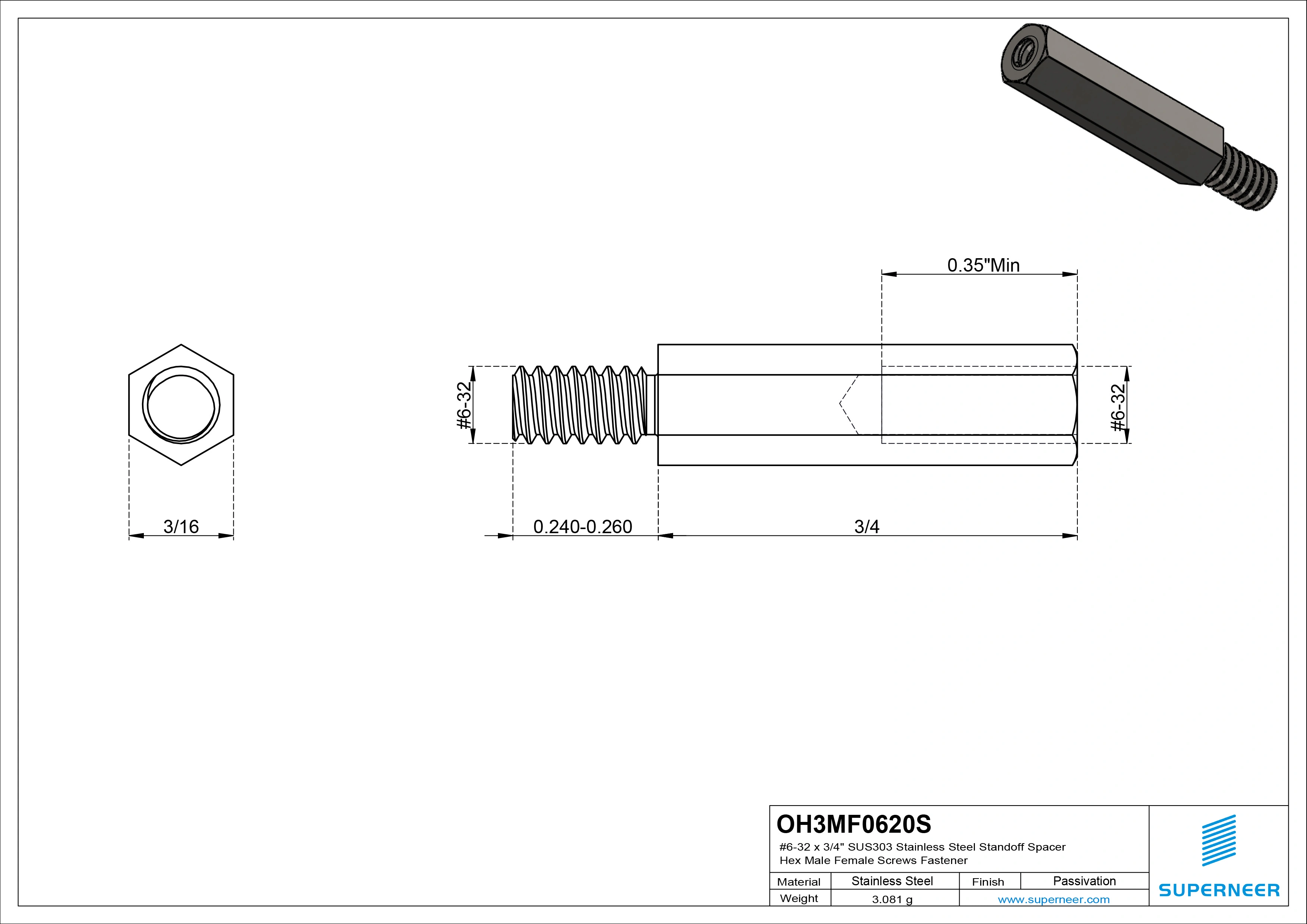 6-32 x 3/4" SUS303 Stainless Steel Inox Standoff Spacer Hex Male Female Screws Fastener