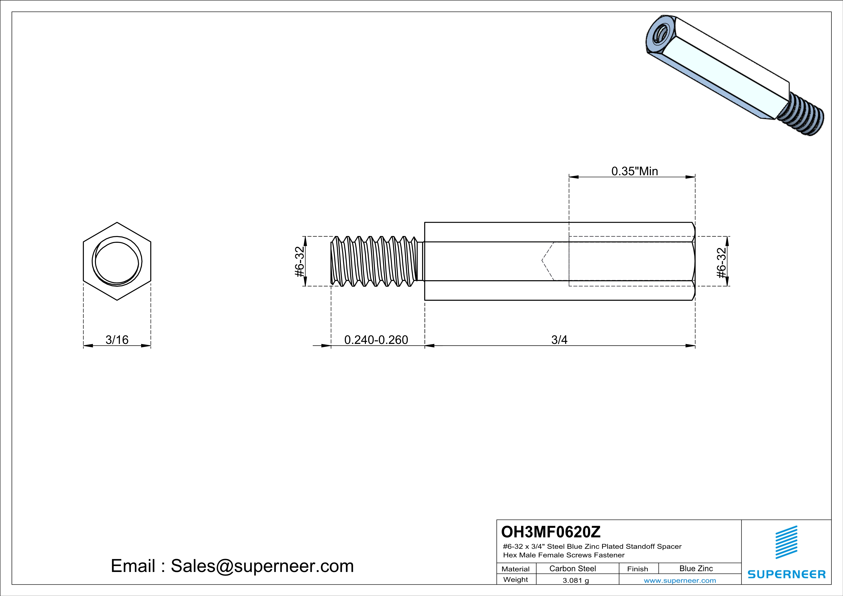 6-32 x 3/4" Steel Blue Zinc Plated Standoff Spacer Hex Male Female Screws Fastener