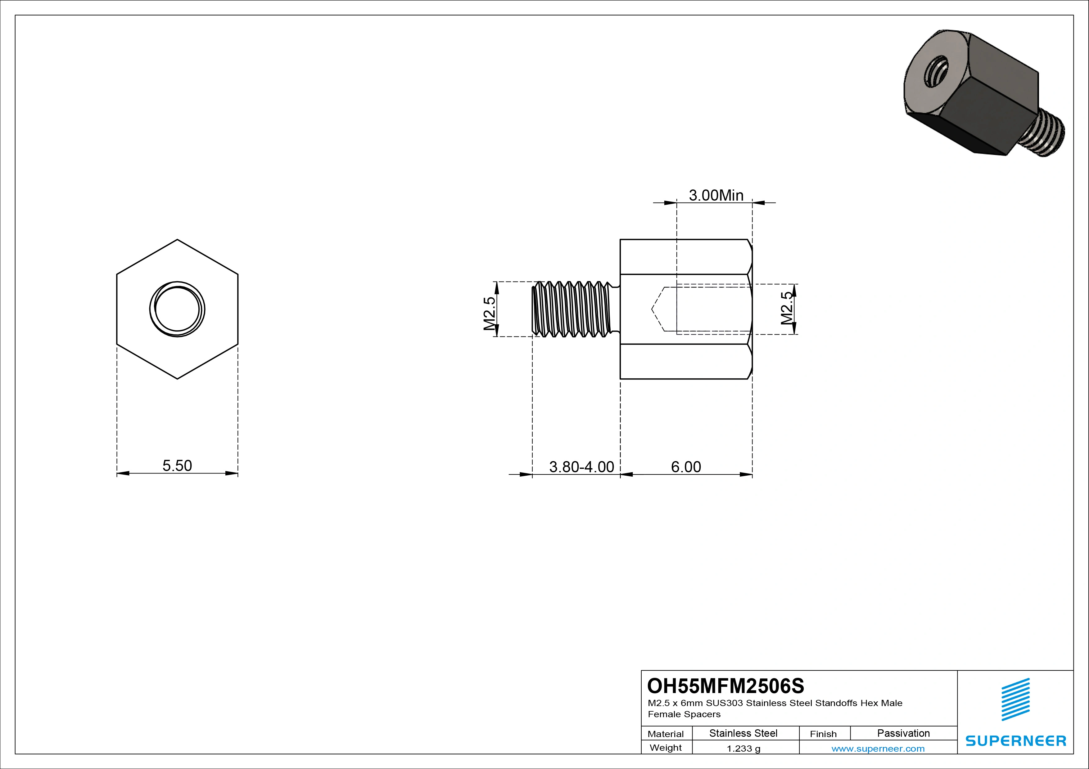 M2.5 x 6mm SUS303 Stainless Steel Inox Standoffs Hex Male Female Spacers