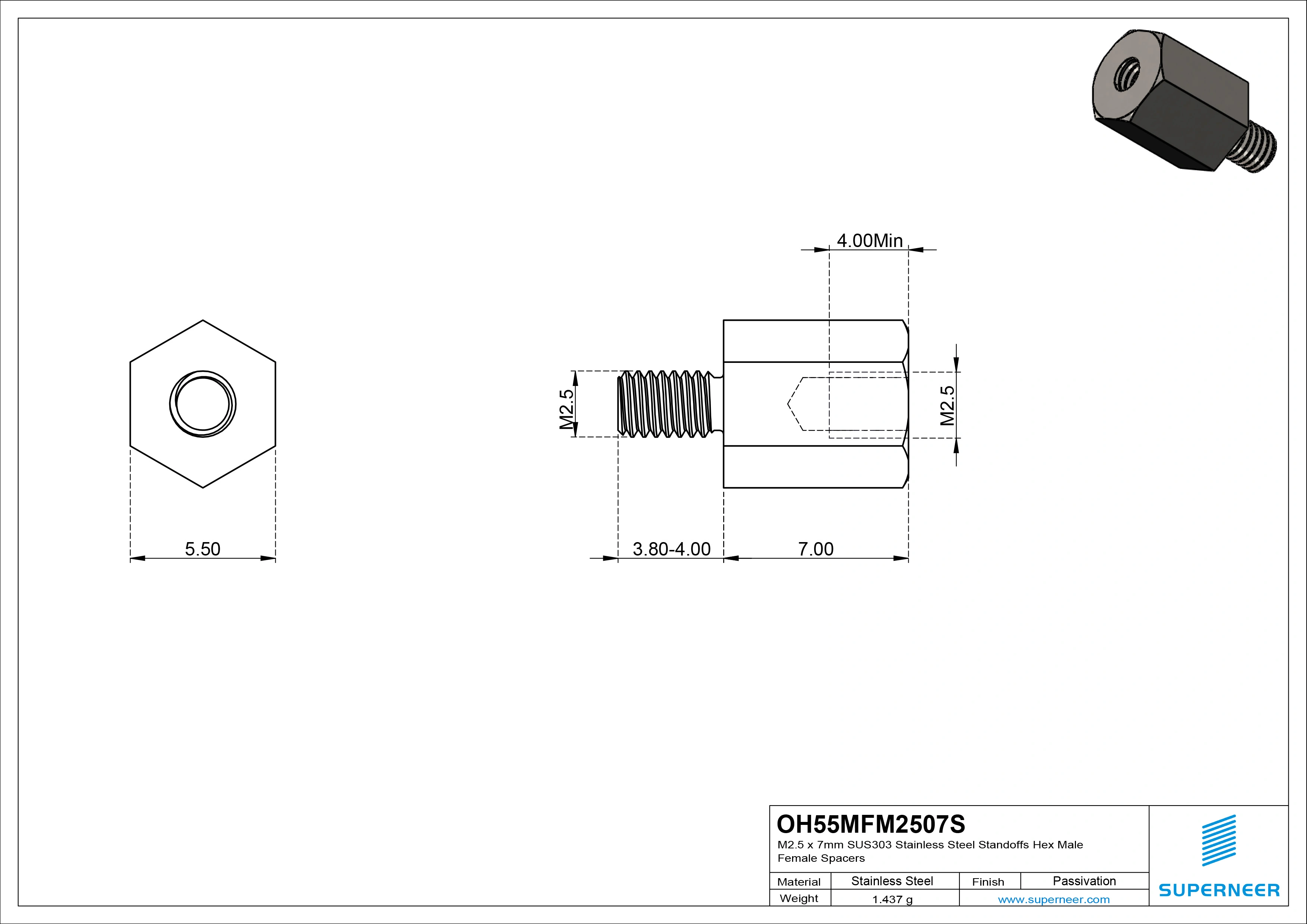 M2.5 x 7mm SUS303 Stainless Steel Inox Standoffs Hex Male Female Spacers